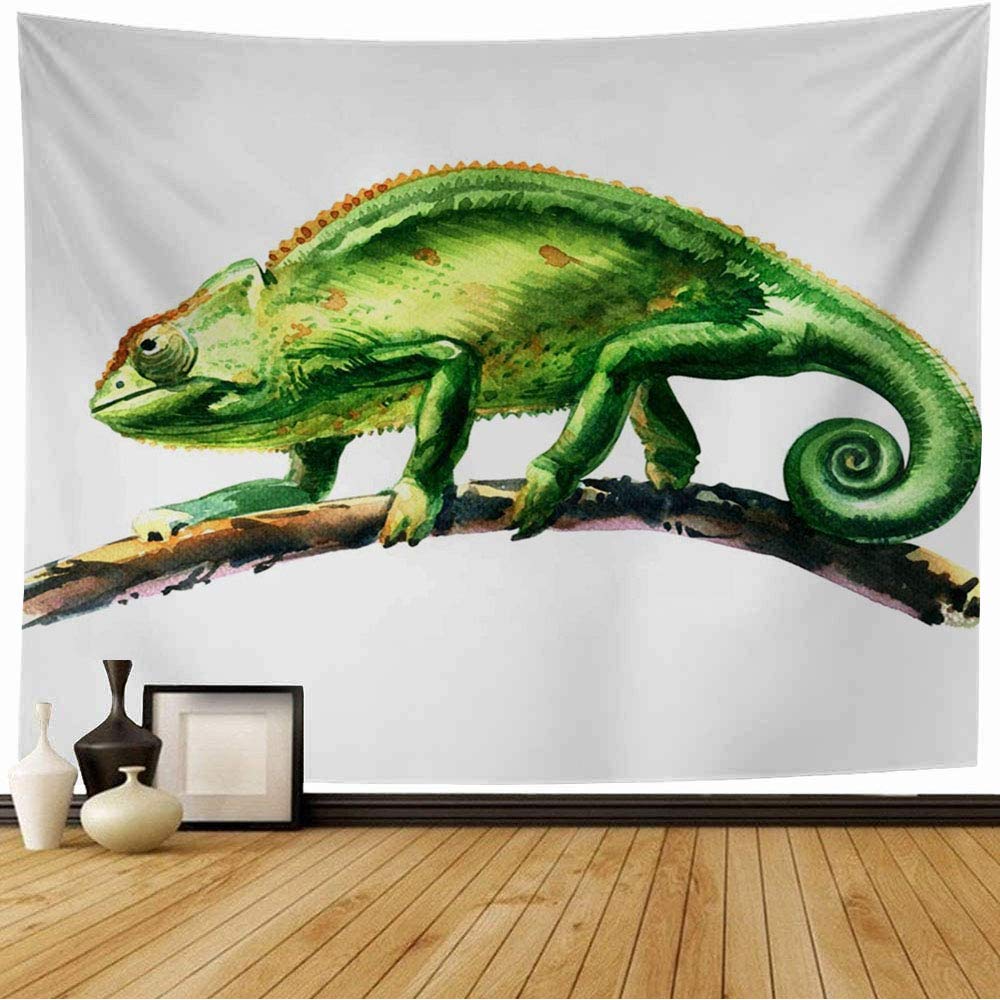 Tapestry Wall Hanging Watercolor Drawing Green Chamaeleo Calyptratus On Tree Animals Wildlife Beautiful Branch Brush Pet Funny Tapestry for Living Room Bedroom 60x50 Inch