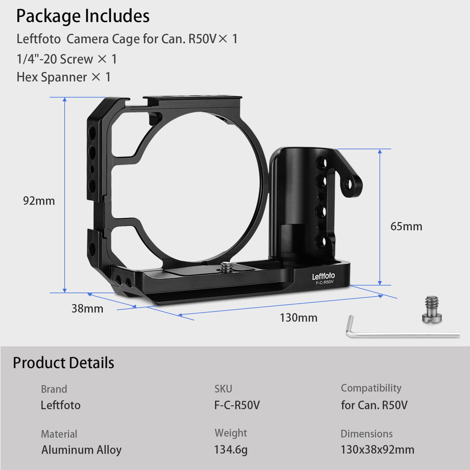 Leftfoto R50 V Gabbia per fotocamera Canon R50V con impugnatura - Telaio di protezione per fotocamera con base Arca Compatibilità con stabilizzatore DJI RS - per riprese video Vlog