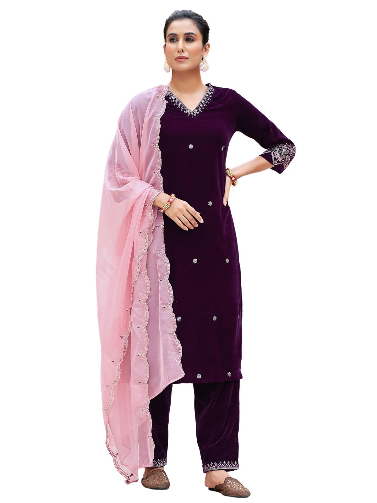Sanisa Women's Velvet Sequins Embroidery Straight Kurta With Pant And Dupatta Set (218Kbd2312N-Xl_Wine)