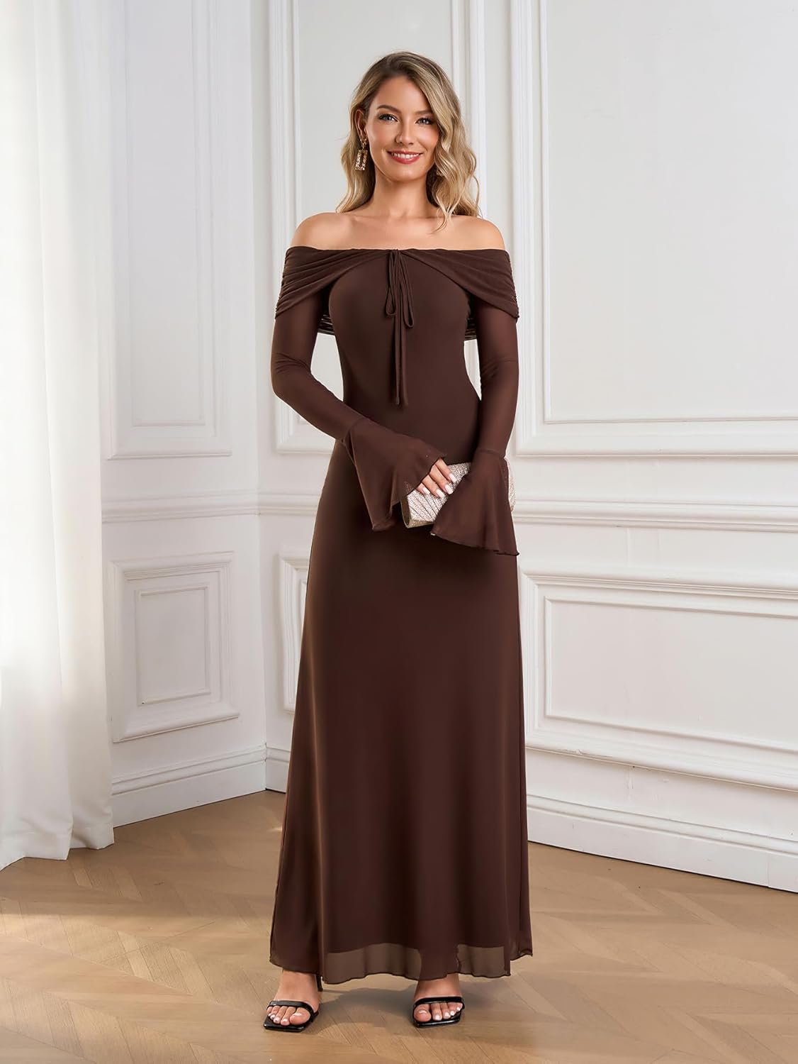 Off Shoulder Long Sleeve Maxi Dress Bodycon Tie Party Formal Wedding Guest Dresses for Women 2026 - Image 5