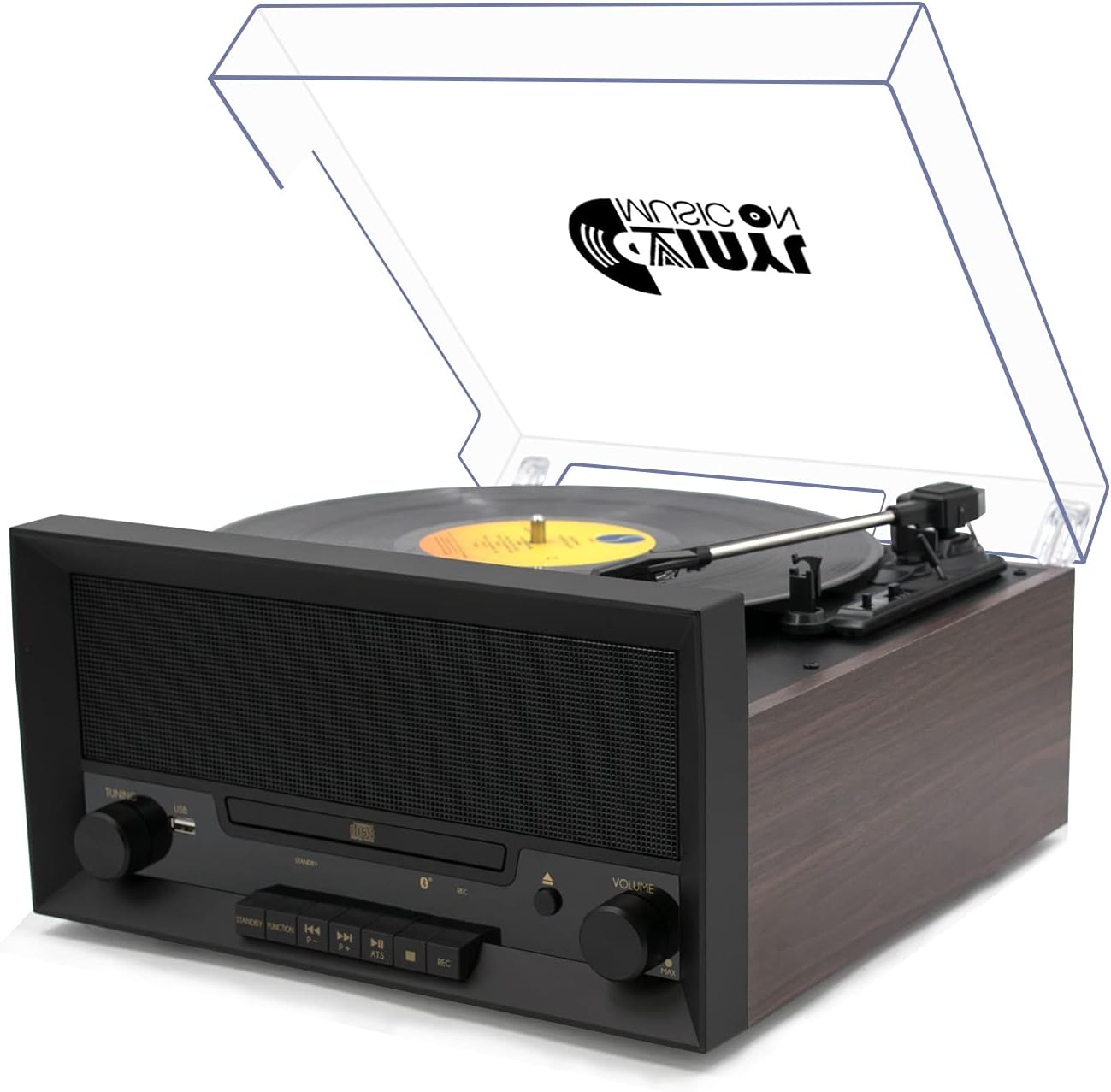 8-in-1 Turntable Music Center with Built-in Stereo Speakers,Nostalgic Classic Wood Bluetooth Record Player with USB Play & Encoding,CD Player and FM Radio