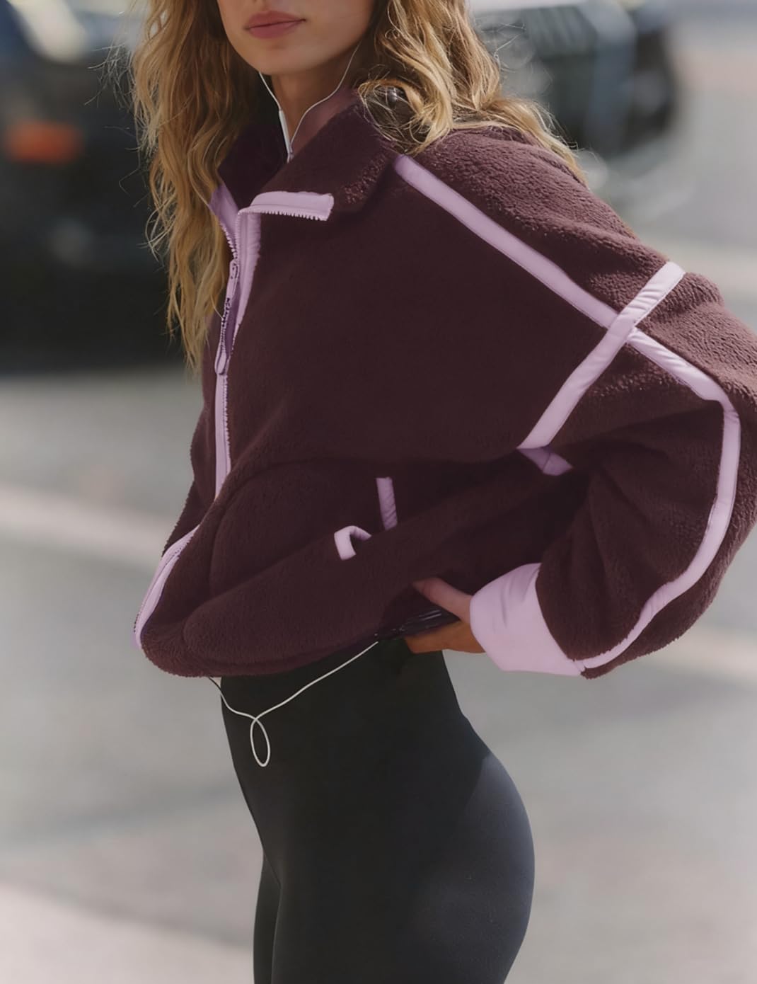 Haellun Fleece Jacket Women Cropped Sweatshirt Winter Warm Zip Sherpa Fuzzy Jacket Coat with Pockets