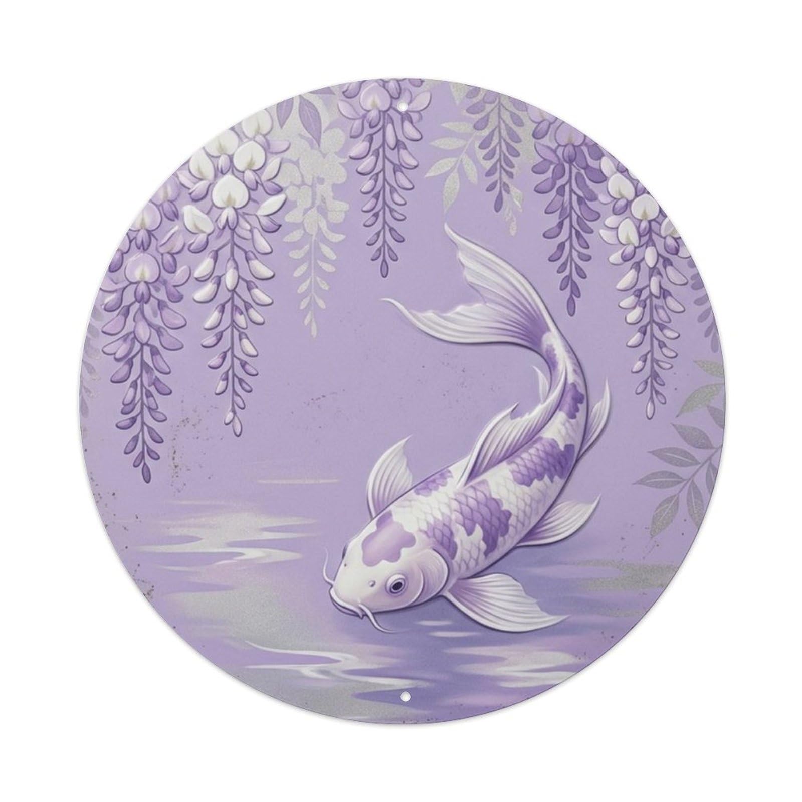 Fqcyn Style Koi Fish Lavender Twilight Garden Bedroom Metal Tin Sign Plaque Wall Decor For Cafe, Club Bar, Office, Home Garden Round Metal Poster 8X8inch
