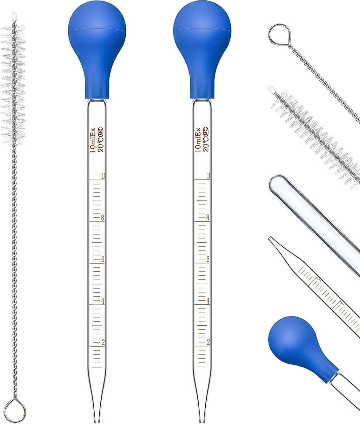 2 Pcs 10ml Glass Pipette Dropper Graduated with Rubber Suction Bulb + 1 Pc Cleaning Brush, for Liquid Essential Oil Laboratory Chemistry Use