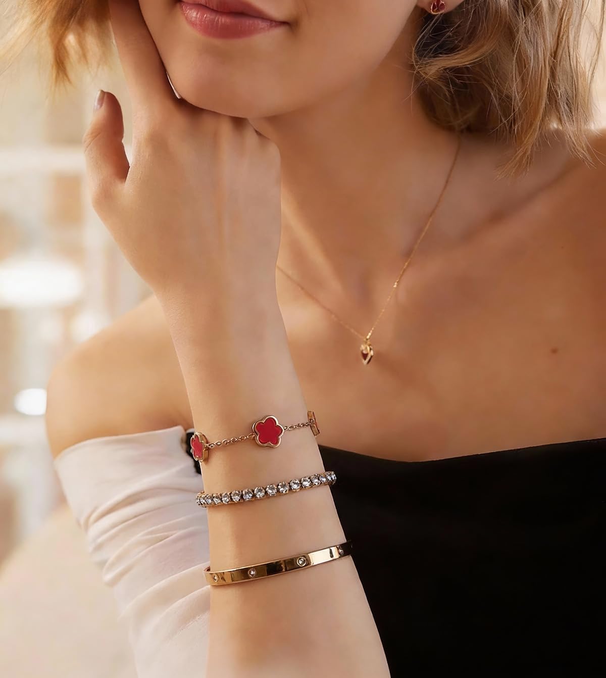Gold clover Bracelets for Women, 18K Gold Plated Dainty Red Flower Bracelet Set, 3PCS Lightweight Non-Tarnish Jewelry Stack, Ultra-Slim CZ Tennis Bracelet & Square Bangle (Red)