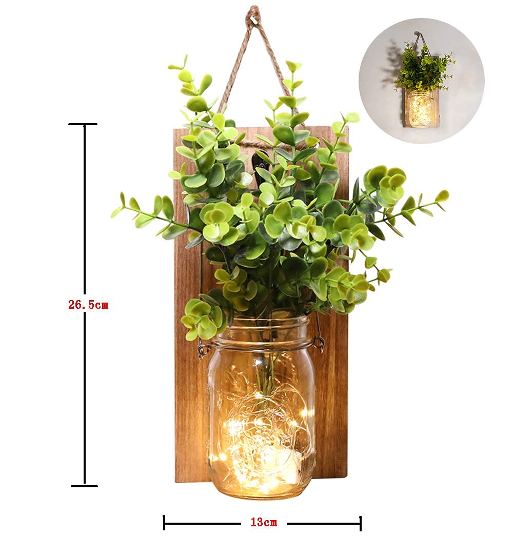 Mason Jar Licht,（2 Stück）, Rustikale Wanddekoration, Lichterkette im Glas, Grüne gefälschte Pflanze, Wohnzimmer Holz-Dekoration mit, Warmweiß Garten Hängeleuchten für Außen(Fernbedienung)