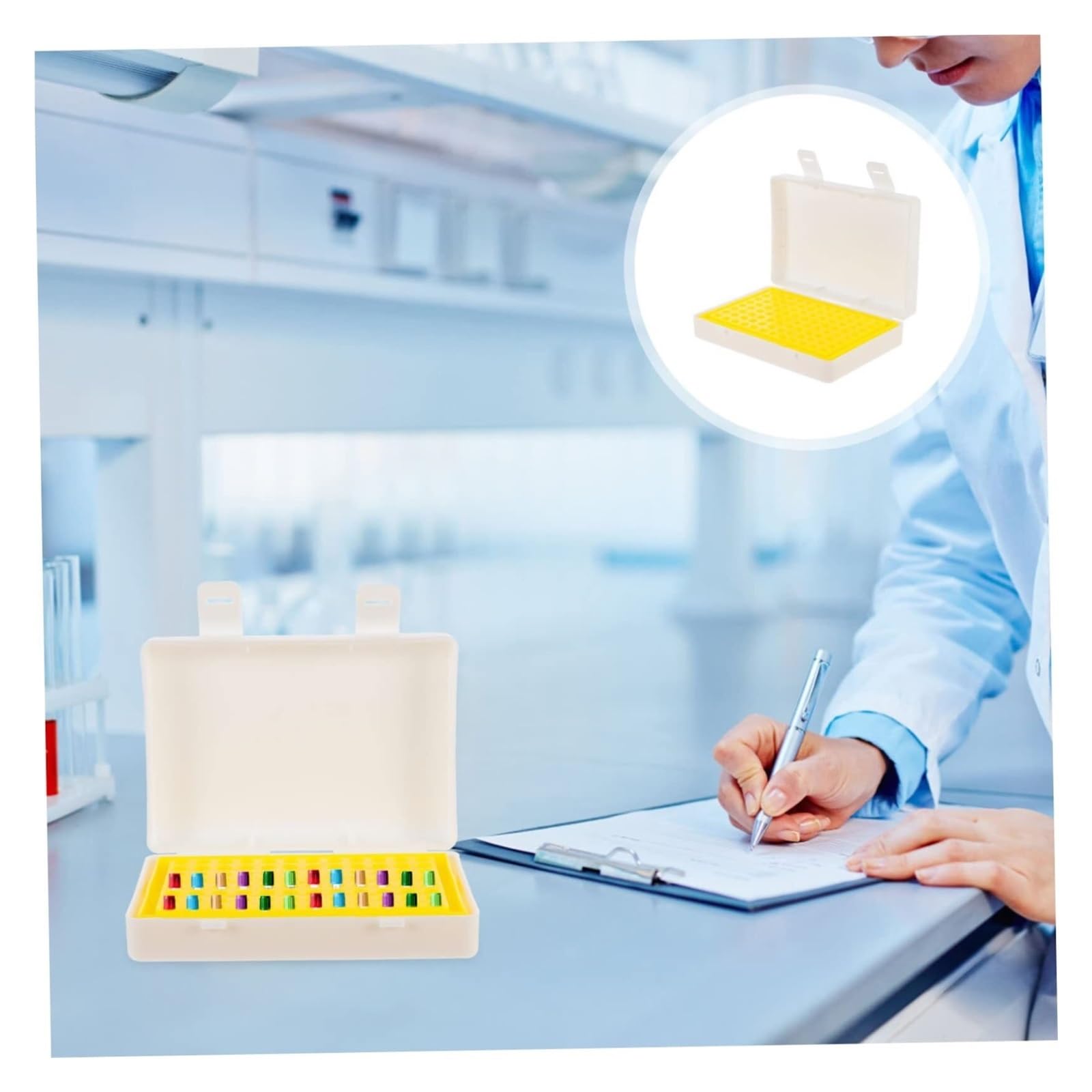 Stojak na Probówki Boratoria Plastikowy Stojak Na Probówki Laboratoryjne 96 Otworów Z Pokrywką, Przenośny, Klapką Uchwyt do Probówki