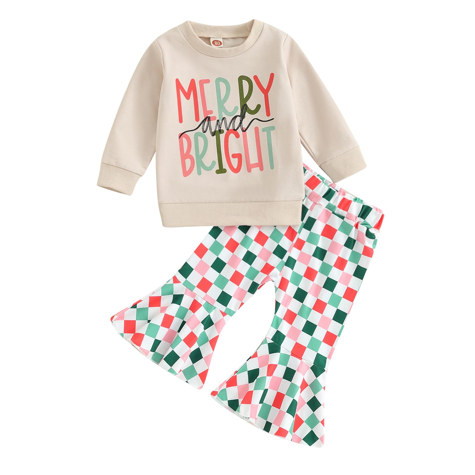 2Pcs Toddler Baby Girl Christmas Outfits Long Sleeve Letter Print Sweatshirt Plaid Flare Pants Fall Winter Clothes Set (Khaki, 3-4 Years)