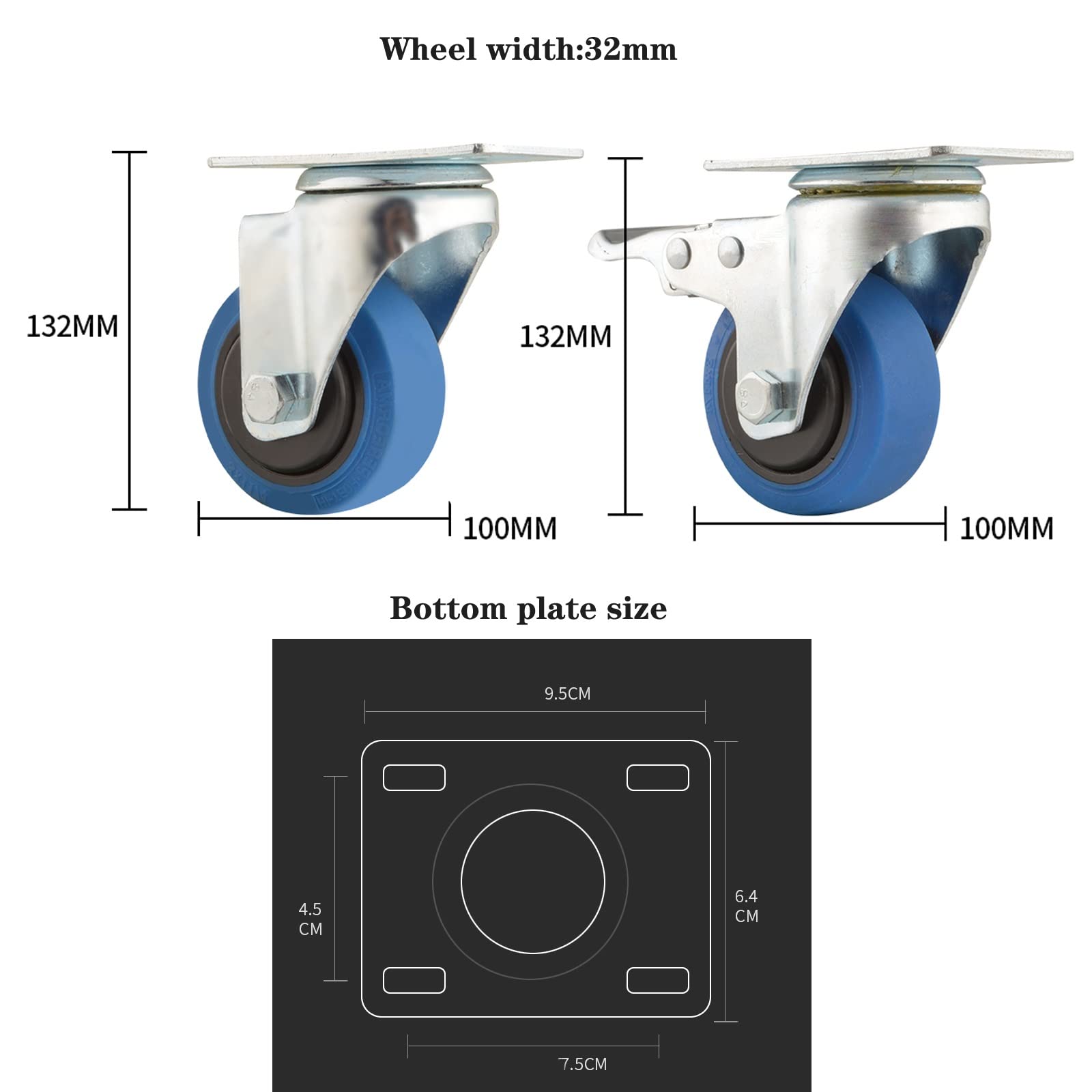 HJXGQJM Ruote Pivottanti in Gomma, Pivontanti con Freno Girevoli Ruotabili A 360° Rotelle Piroettanti, 2 Ruote con Freno E 2 Ruote Piroettanti Senza Freni, Blu Rotelle girevoli(100mm)