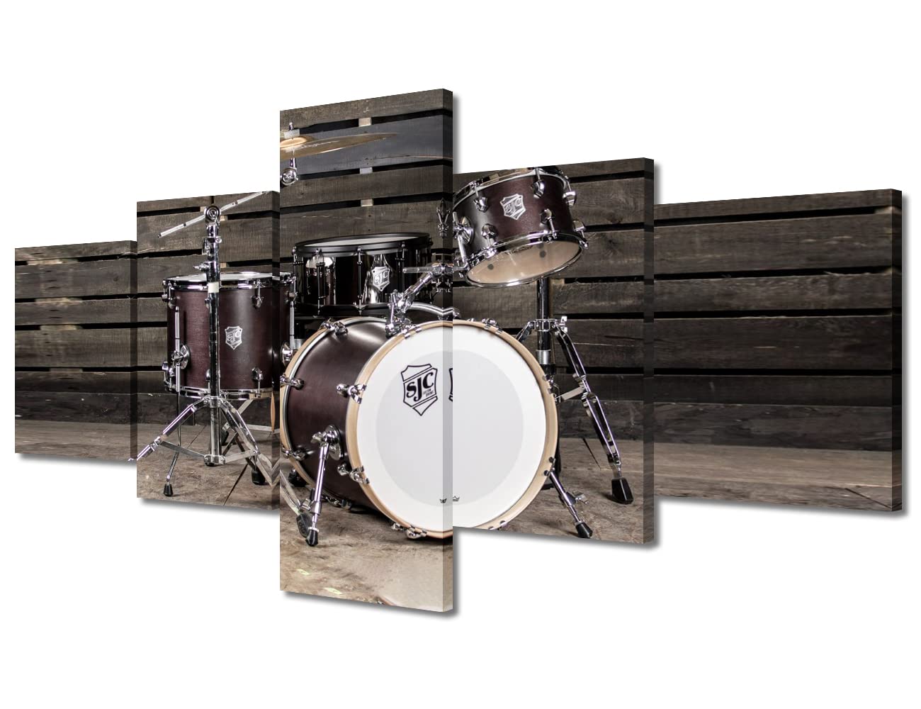 Wall Decorations for Living Room Jazz Drum Set Posters and Prints on Canvas Musical Instruments Pictures Music Artwork 5 Panels Wall Art Home Decor Giclee Framed Stretched Ready to Hang - 50"W x 24"H