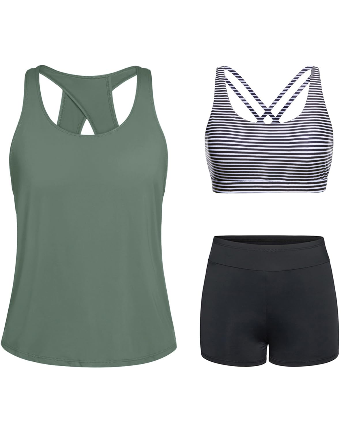 Tempt Me 3 Piece Tankini Swimsuits for Women Athletic Bathing Suits Swim Tank Top with Boy Shorts and Bra Modest Swimwear