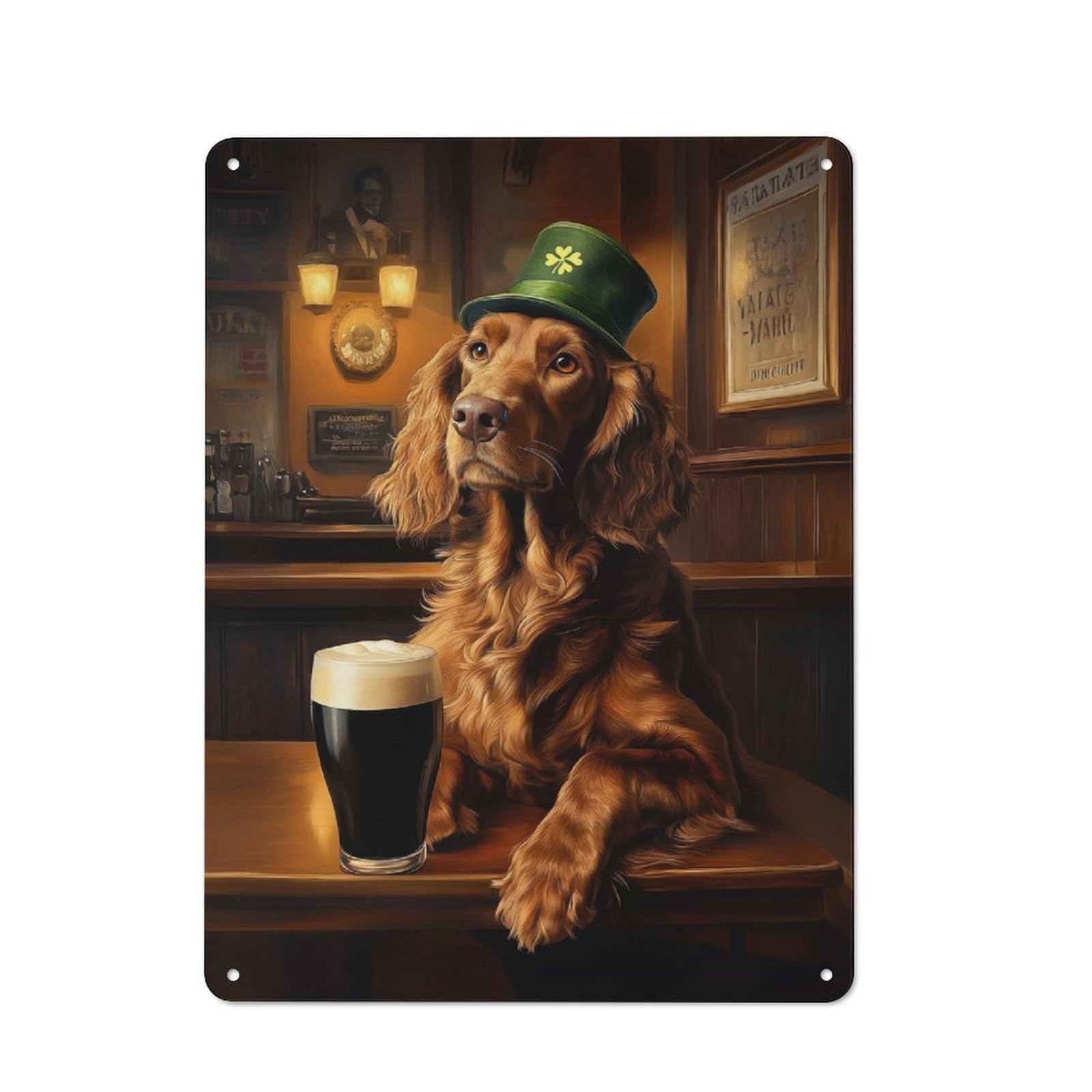 40x30cm Rustic Metal Wall Sign with St. Patrick’s Day Irish Setter in A Pub for Café Or Home Bar, A Housewarming Gift for Café-style Decor Fans