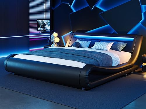 Miniatura 22 de WEEWAY Base de cama moderna tamaño Queen con cabecera de luces LED RGBW, diseño de trineo tapizado de perfil bajo, soporte de listones de madera