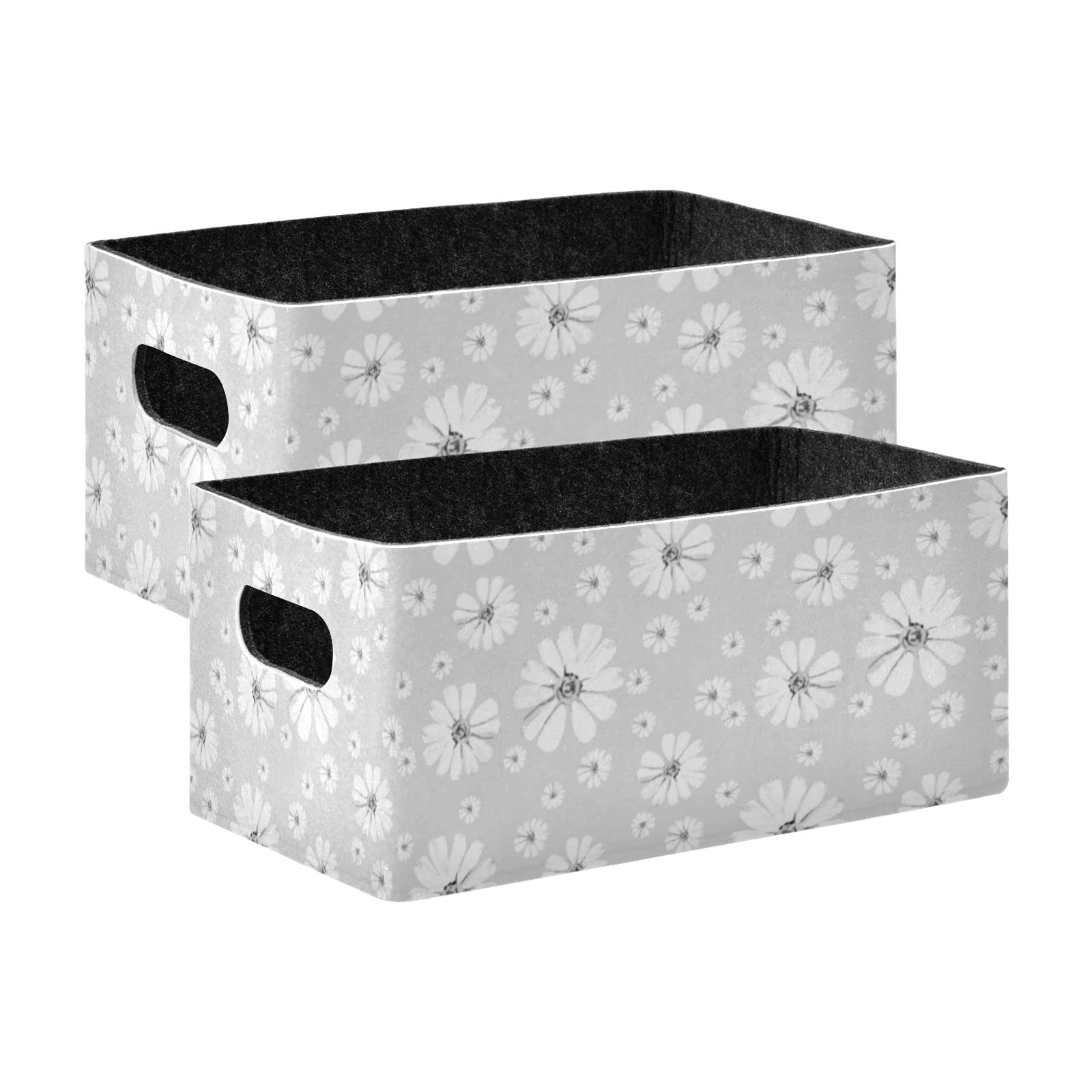 Poeticcity Big and Small White Camomile Flowers Seamless on Grey 2 PCs Collapsible Felt Cloth Storage Box, Rectangular Desk Organizer Basket Bin, Detachable Laundry Hamper Counter Holder Box