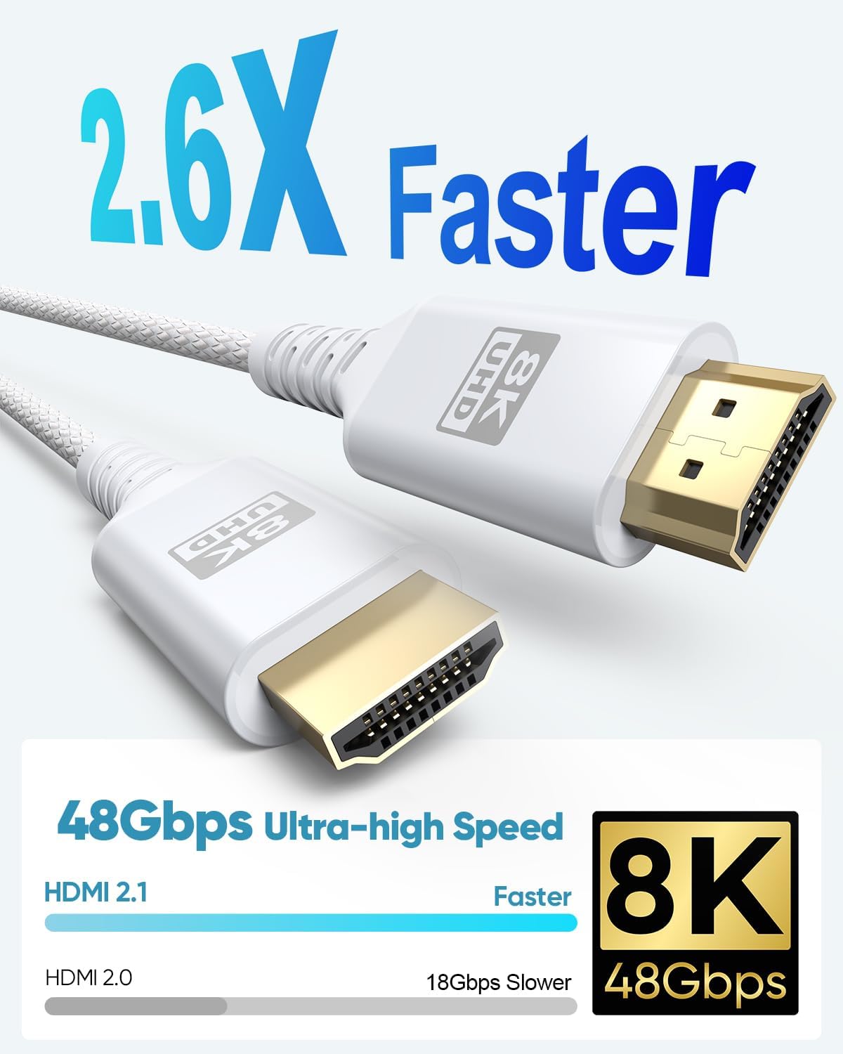 Cavo HDMI 2.1 da 8 K, 6,5 m, ultra alta velocità, intrecciato eARC, lungo cavo HDMI con 8K a 60Hz, 4K a 120Hz, HDR10+, Dolby, 3D, HDCP2.3 per laptop/monitor/HDTV/Soundbar/Blu-ray/PS5/Xbox