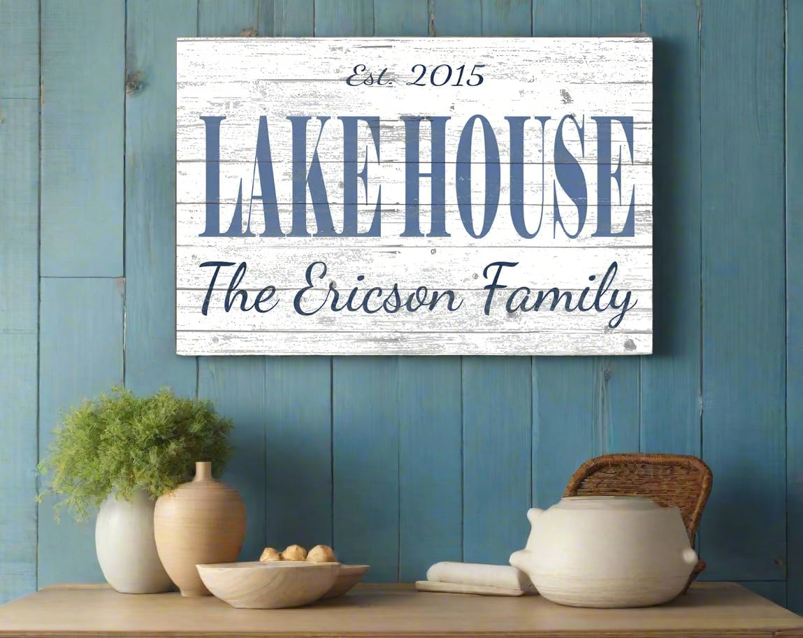 Custom Lake House Sign Personalized Name Gift or Decor for Summer Home - Solid Wood - 16.5in x 10.5in (Classic Lake House Sign)