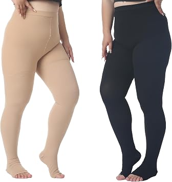 AMZAM-2 Pairs Plus Size 4XL Medical Compression Pantyhose Open Toe Black/Beige + Beige/Black