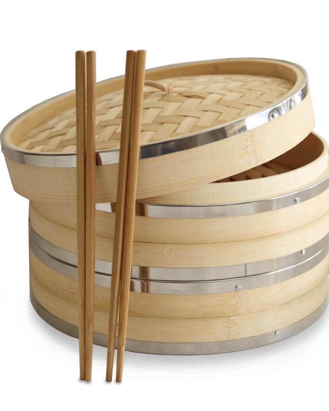 Vaporiera di bambù organico da 10 pollici (25,4 centimetri) di Harcas. 2 livelli ampi con coperchio. Ideale per dim sum, verdure, carne e pesce. Fatto a mano. Bacchette incluse
