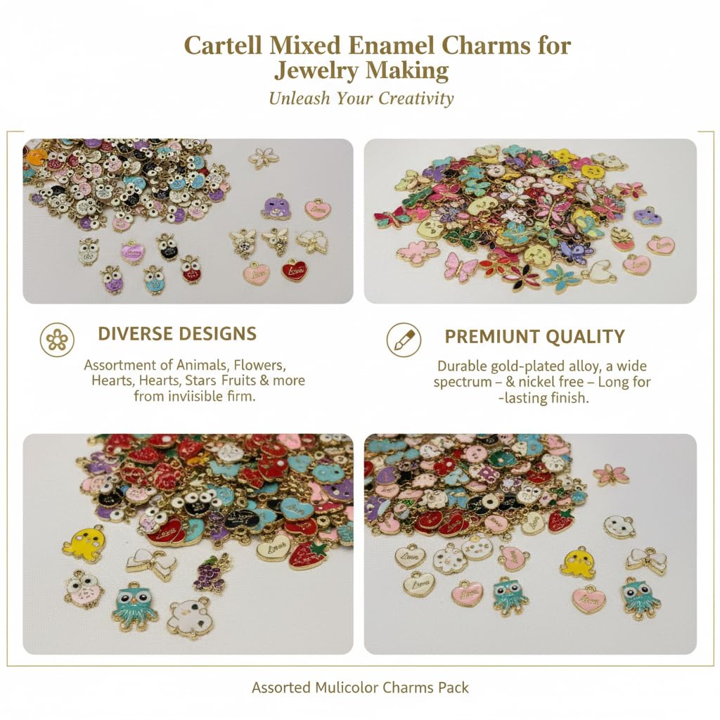 Cartell Mixed Enamel Charms for Jewelry Making β Gold Plated DIY Pendant Set with Animal, Butterfly, Flower, Star, Heart & Fruit Designs for Necklace, Bracelet, Earrings & Craft Supplies (Assorted Multicolor Charms Pack) (2cm-4cm, 24, Count) 2