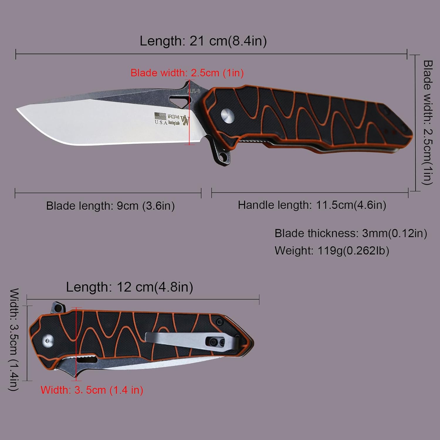 WPKOPYA 8.4in Folding Knife AUS-8 Steel Blade, G10 Handle with Anti-Slip Texture, Ball Bearing Pivot, Stonewashed Finish, EDC Pocket Knife for Camping, Hiking, Survival (AUS-8 (G10 black/orange))
