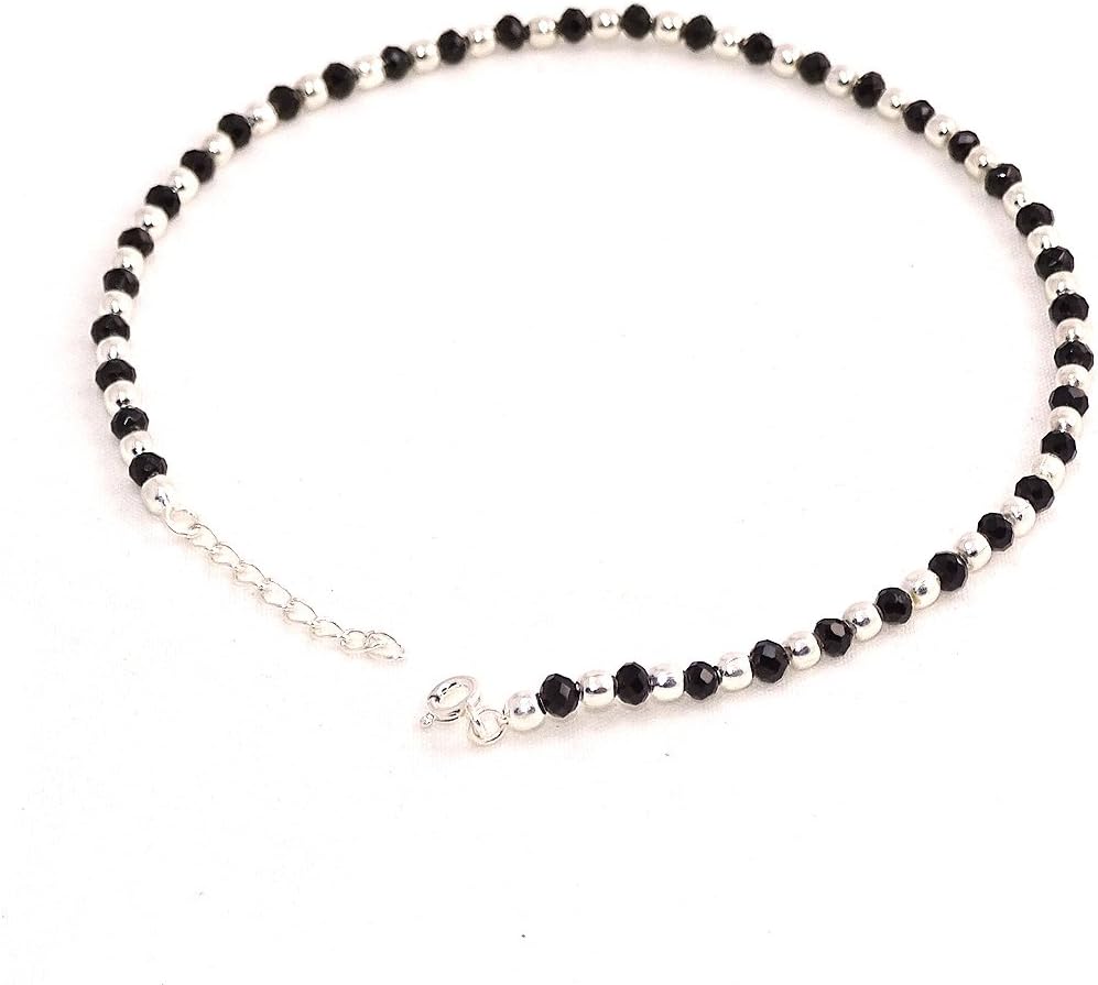 Sahiba Gems Cool & Stylish Nazariya Anklet (Payal) with Silver & Black Beads (Crystal) in 92.5 Sterling Silver for Girls & Women - One Piece (Silver)