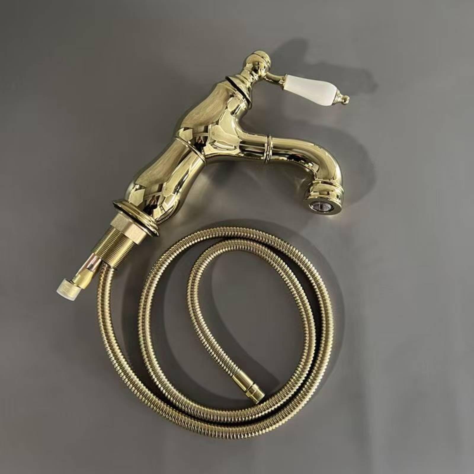 Miscelatore Lavabo Rubinetto Lavandino Rubinetteria Bagno Bocca Estraibile in Ottone con Manico in Ceramica Miscelazione Acqua Calda E Fredda Valvola, Argento, Corto Estraibile