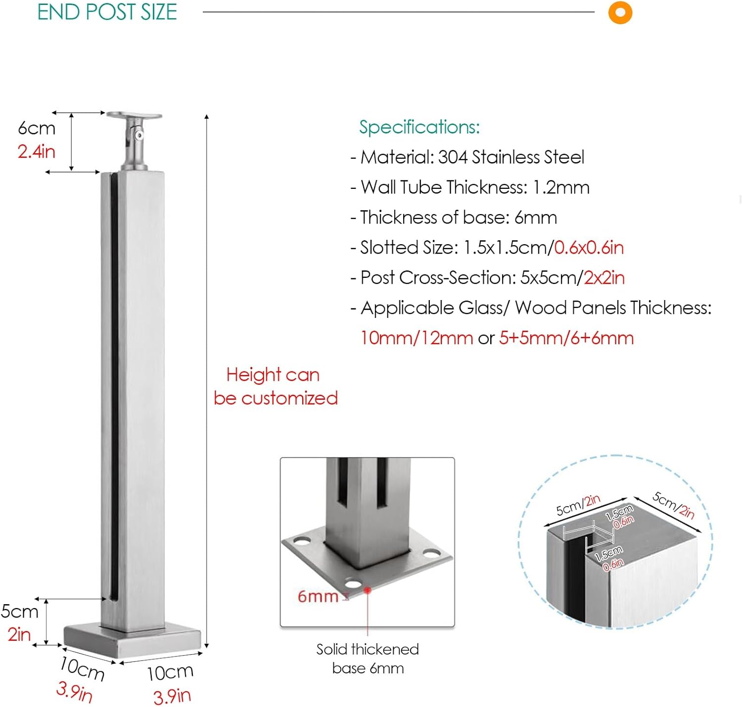Stainless Steel Glass Railing Post - 304 Indoor/Outdoor Balustrade for Steps, Villas, Balconies, Stairways, Decks & Patios - Deep Coffee, H100cm - Durable Glass Stair Sys