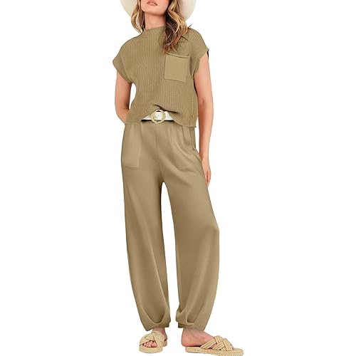 ANRABESS Women's Two Piece Outfits Sweater Sets Knit Pullover Tops and High Waisted Pants Tracksuit Lounge Sets