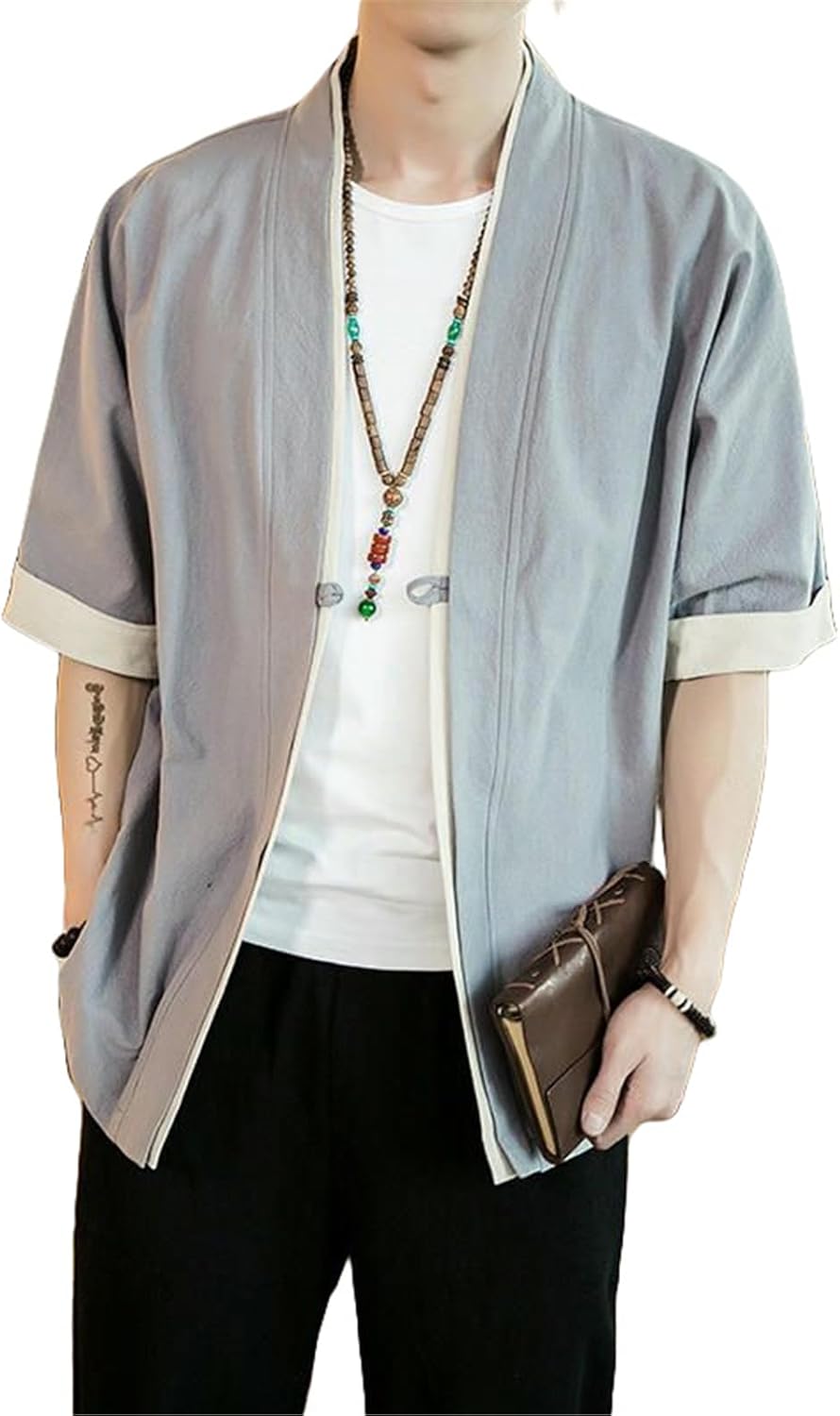 Men's Summer Casual Loose Fit Chinese Style Hanfu Tang Suit Solid Color Five Point Sleeve Shirt