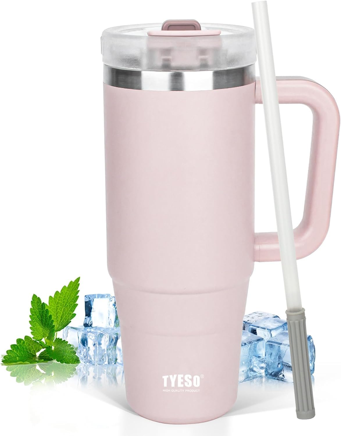 TYESO 40 oz Tumbler with Handle | Insulated Cup Reusable Stainless Steel Water Bottle Travel Mug Cupholder Friendly | Gifts for Women Him Her | Trek Collection (Light Pink)
