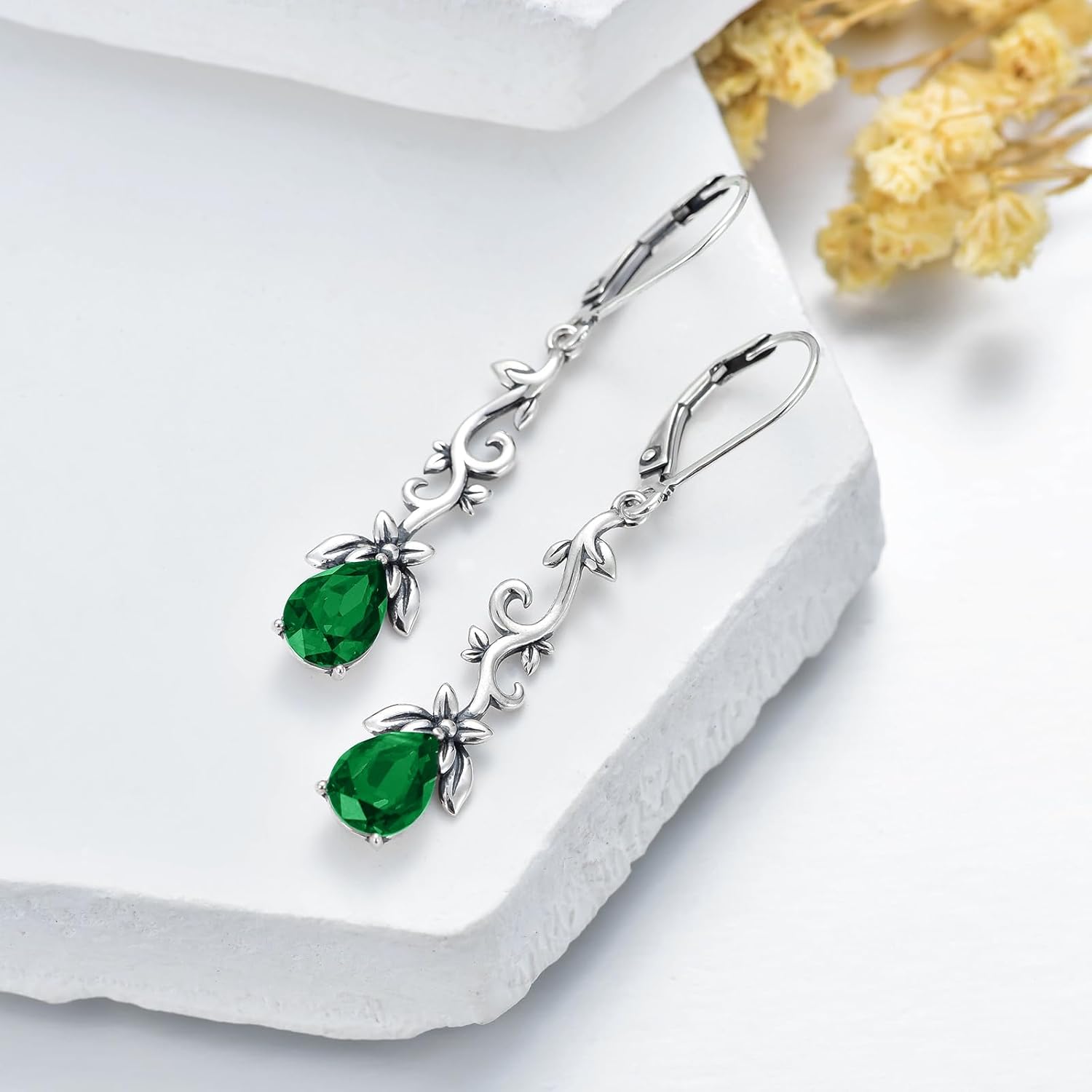 925 Sterling Silver Vintage Oxidized Branches Dangle Drop Leverback Earrings with 8 * 6mm Simulated Birthstone Crystal, Christmas Earrings Gifts for Women