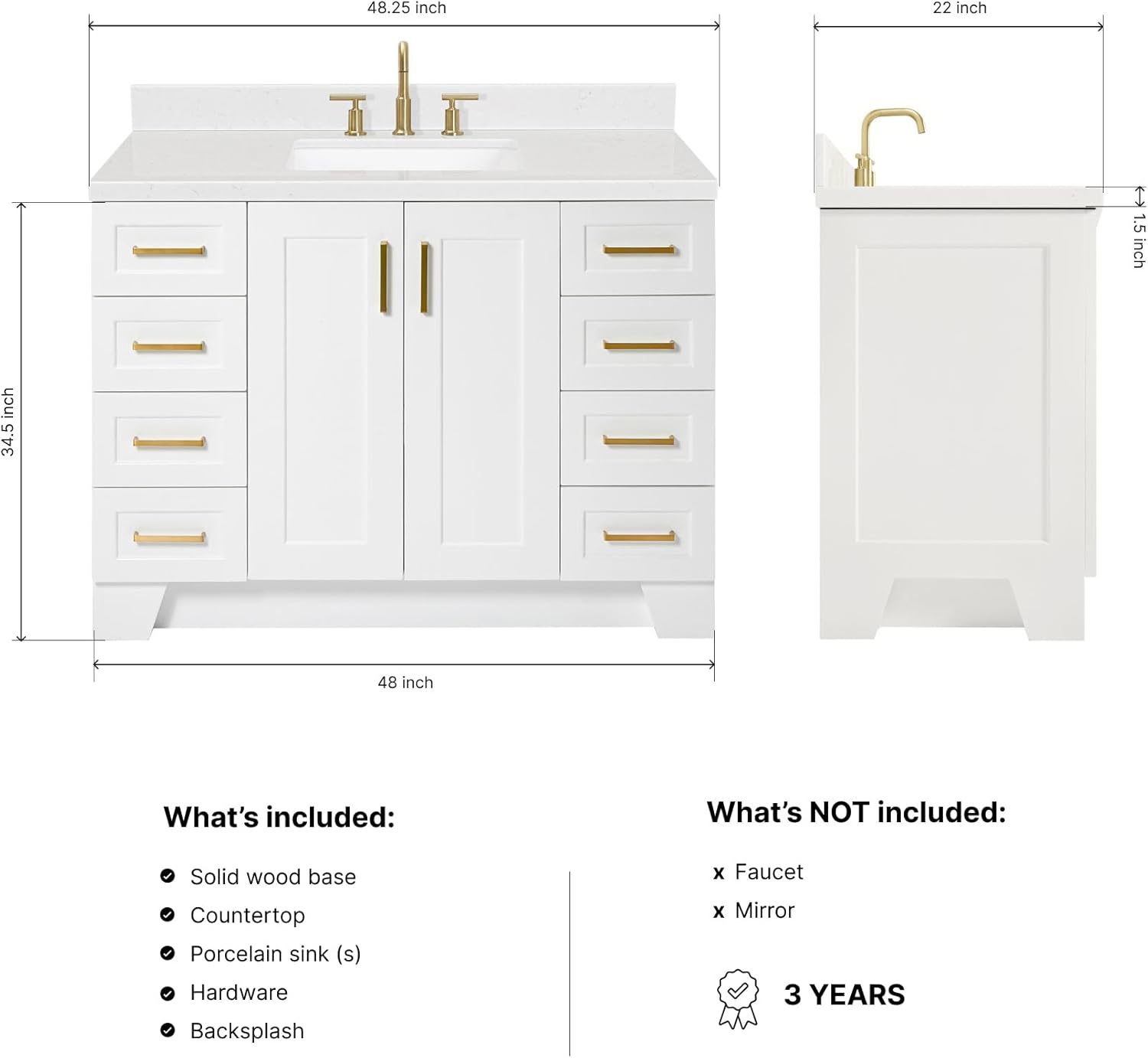 DKB Emilia 48-Inch Bathroom Vanity with Sink — White Single Sink Bathroom Vanity, 1.5" Edge Carrara Quartz Countertop, Solid Wood, 2 Soft Closing Doors, 9 Dovetail Drawers