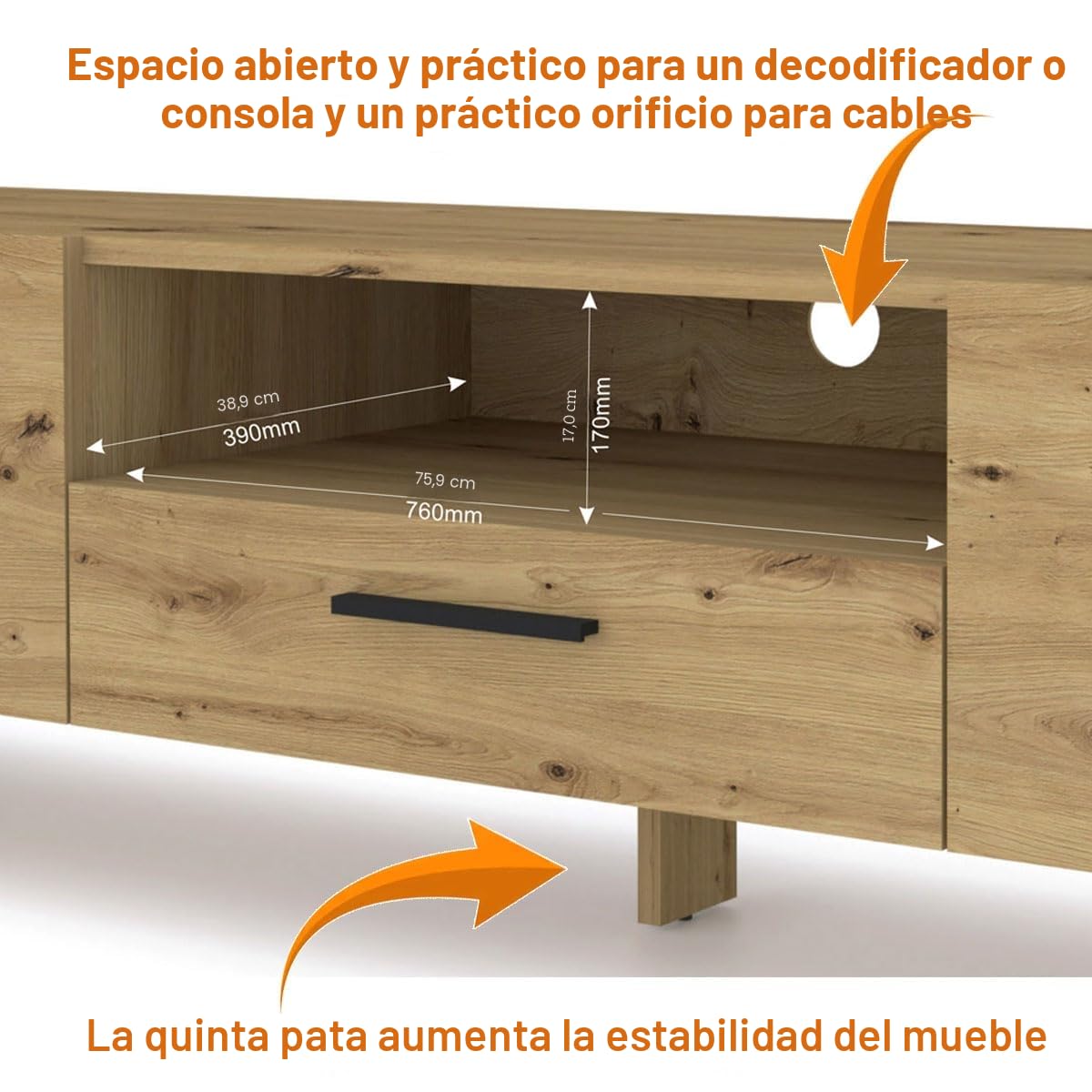 BIM Furniture Mueble bajo de TV Nuka – 200 x 43 x 48 cm de pie, muebles de salón, frentes sin asas, espacio de almacenamiento para TV – Roble Artisan