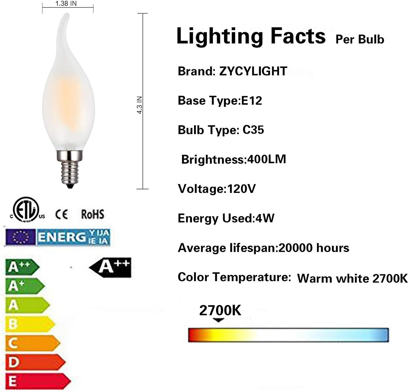 Dimmable Candelabra LED Bulb,40W Equivalent E12 Base LED Candle Bulbs, C35 Flame Shape Bent Tip,E12 LED Light Bulb,4 Watt LED Light Bulb,B11 LED Chandelier Bulbs,2700K, Forsted Glass Cover,10 Pack