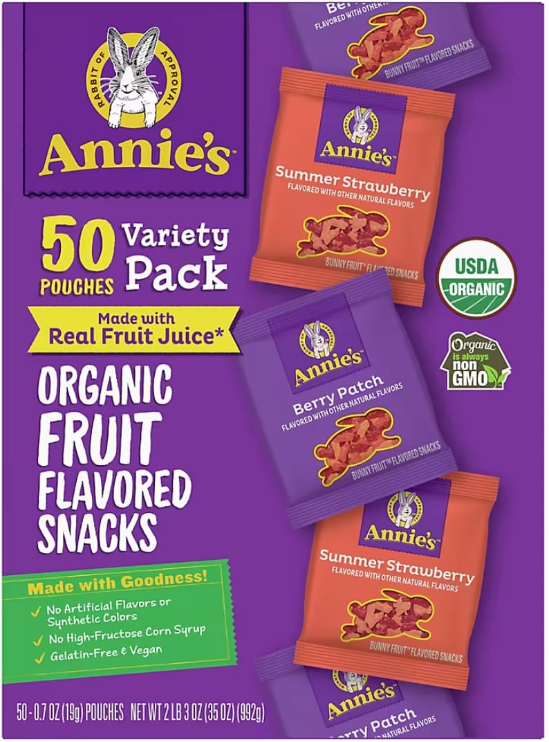Annie's Fruit Snacks VARIETY 50 PACK SIZE Organic Fruit Flavoured Snacks Berry Patch and Summer Strawberry, Pack of 50 Pouches, No Synthetic Colours, Gelatin Free, Gluten Free, Vegan, Snacks (50 PackUSDA Organic