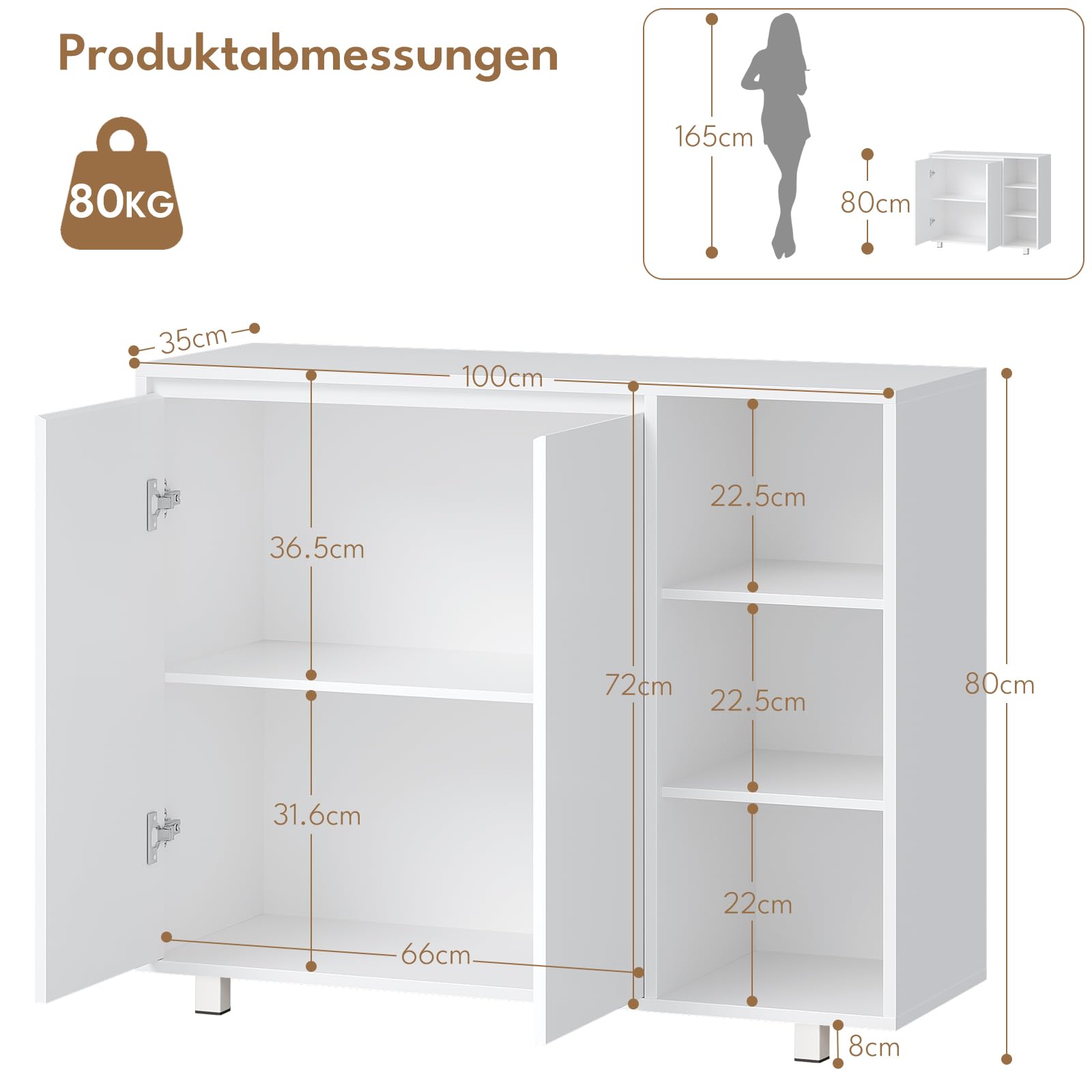 BEWISHOME Badezimmerschrank,Badschrank mit 2 Türen,Küchenschrank,Badezimmerschrank mit Offenem Fach & Verstellbarer Ablage,Viel Stauraum für BadBadezimmer,Wohnzimmer & Küche,35x100x80 cm,Weiß EYYG20W