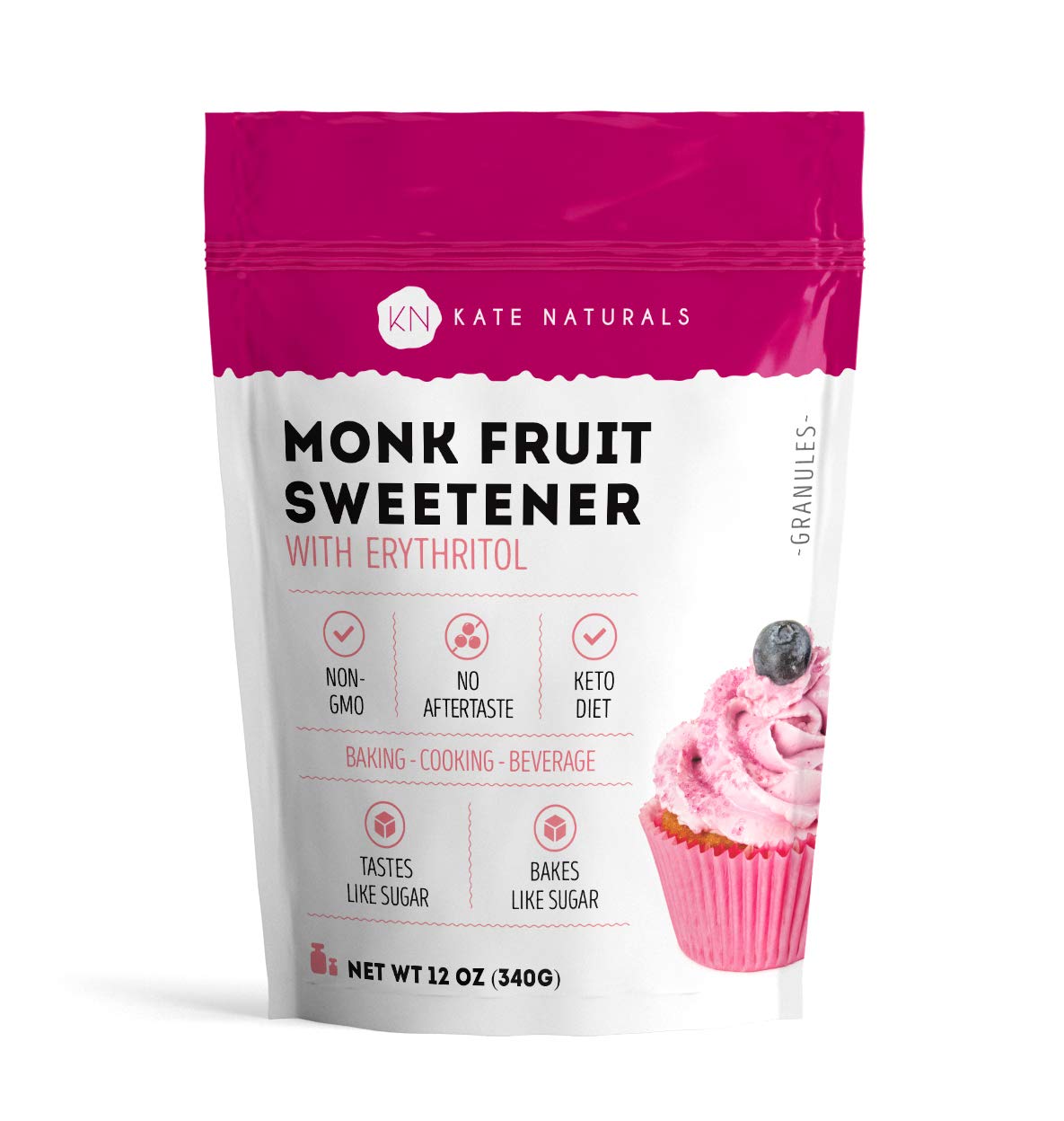 Monk Fruit Sweetener with Erythritol Blend (12oz) by Kate Naturals. 1:1 Natural Sugar Replacement. Non-GMO, Gluten Free, Zero Calorie, Low Carb & Keto Friendly. No Aftertaste.