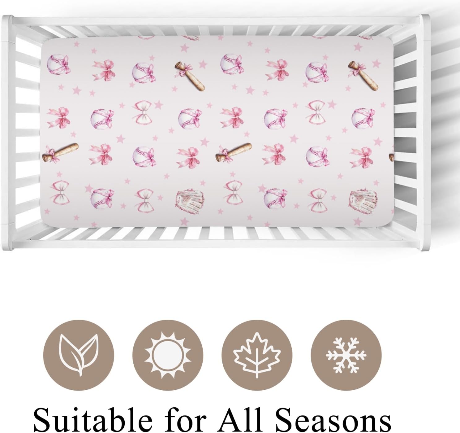 Cute American Baseball Bows Pink Baby Crib Sheets for Boy Girl 28"x52" Baseballs Gloves Bat Stars Baby Sheet for Standard Crib and Toddler Mattress Outdoor Sports Lovers Bed Sheet One Size