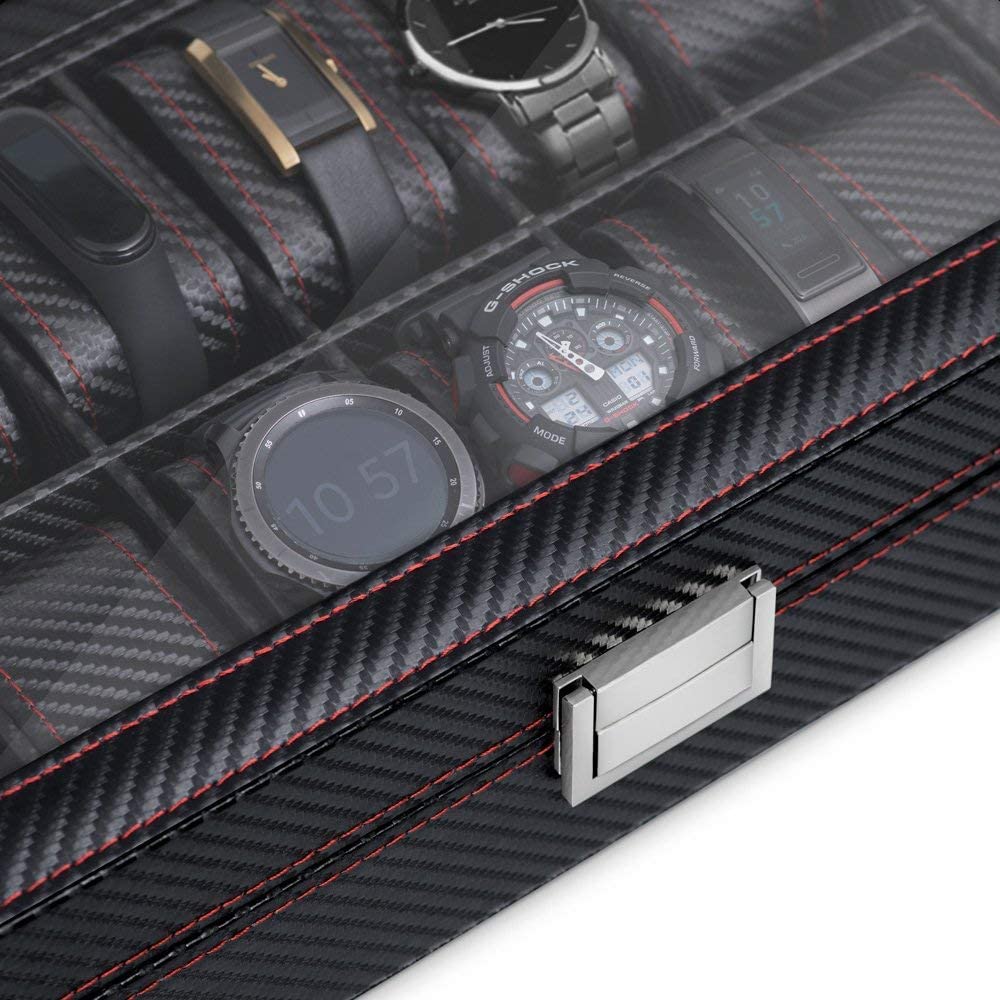Maverton Boîte à Montres avec le couvercle transparent - Étui en Cuir Synthétique Noir pour 12 Montres - Boîte de Rangement à Personnaliser – Cadeau d’anniversaire pour l’homme - citation