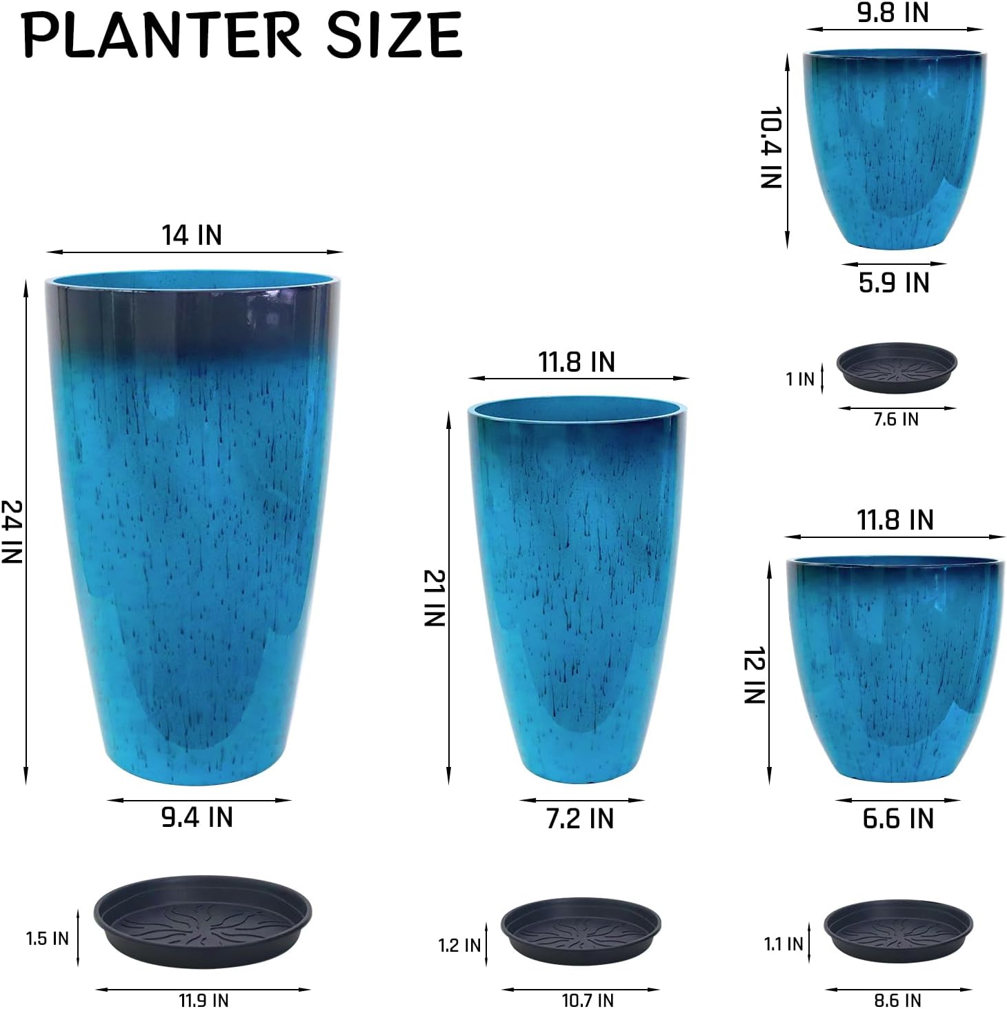 ZMTECH 24/21/12/10" H Large Plastic Planters with Drainage Hole & Saucer, Set of 4 Tall Plant Pots for Indoor/Outdoor Use, Gradient Blue Glossy Smooth Flower Pot for Front Porch Patio Garden