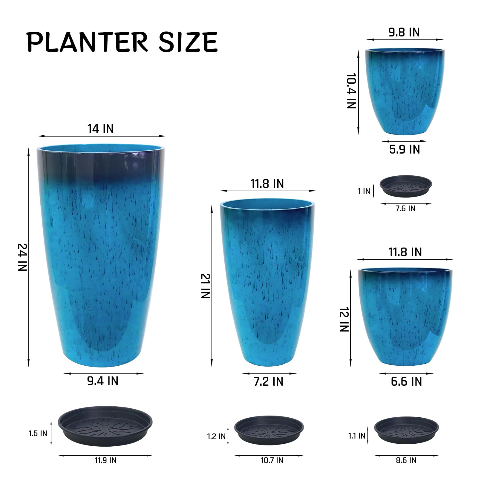 ZMTECH Lot de 4 grands pots de fleurs en plastique avec trou de drainage et soucoupe pour intérieur/extérieur, bleu brillant dégradé pour porche, terrasse, jardin