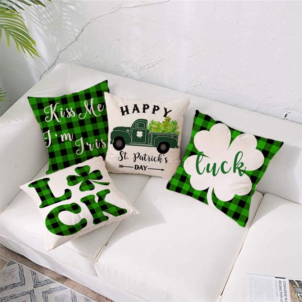 Shamrock St Patricks Day Throw Pillow Cover 18x18 Green Holiday Decorative Cushion Covers Indoor and Outdoor Set of 4 for Party, Living Room, Bedroom and Car (St Patrick's Day)