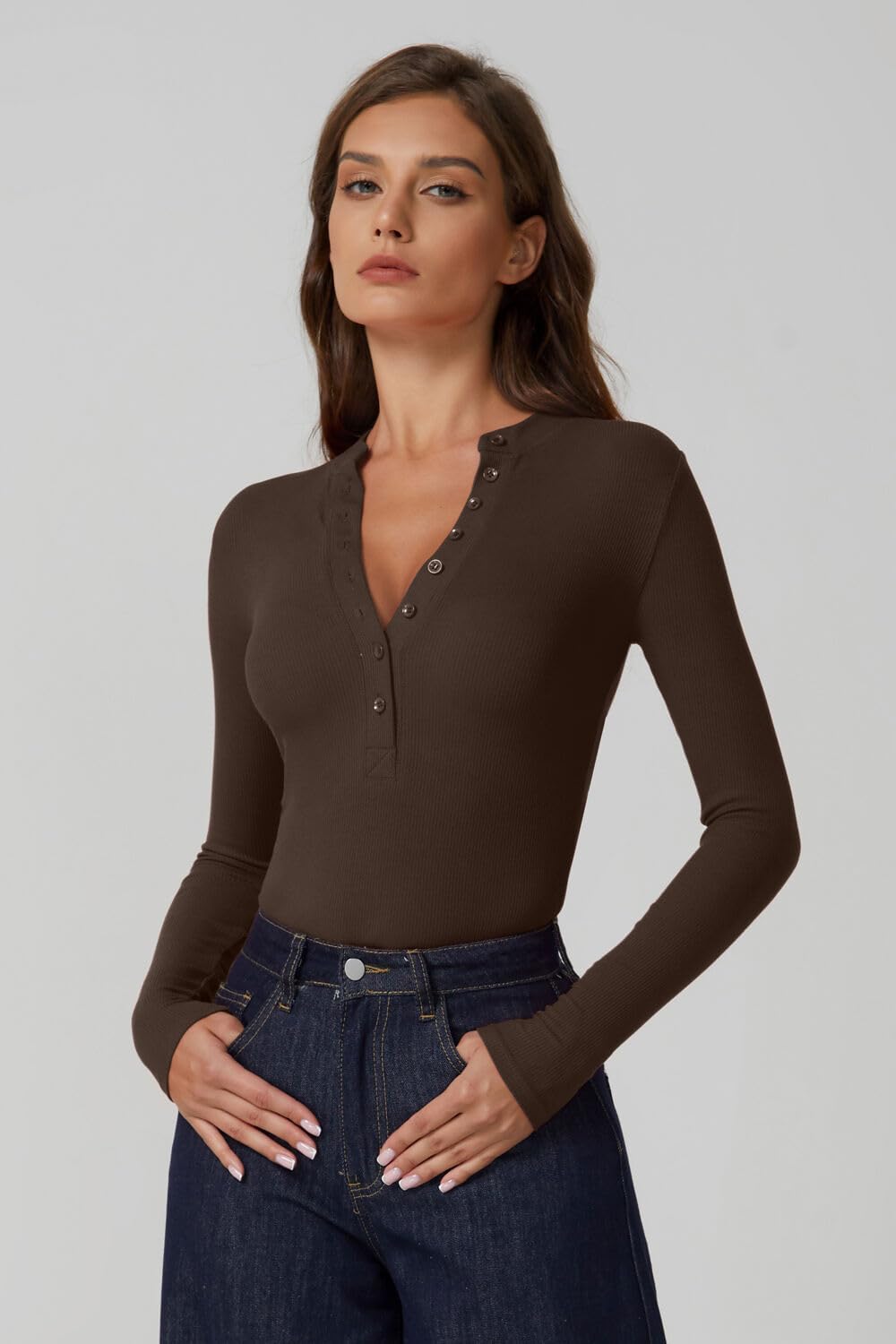 QINSEN Button Down Shirts for Women V Neck Long Sleeve Ribbed Knit Slim Fit Basic Tee Tops - Image 2