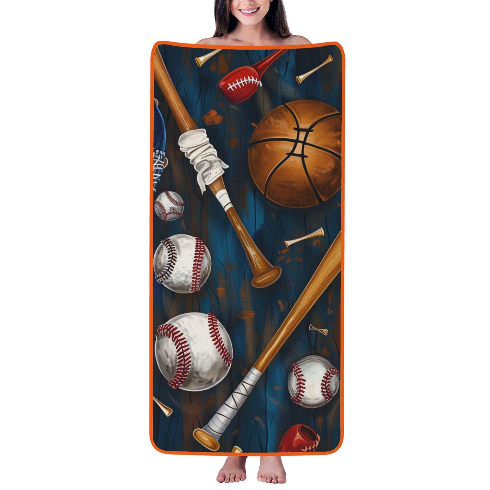 WPKJU Baseball Basketball Football Hockey Printed Bath Towel with Orange Edging - 27x55 in Soft Extra Absorbent Coral Velvet Shower Towels for Bathroom