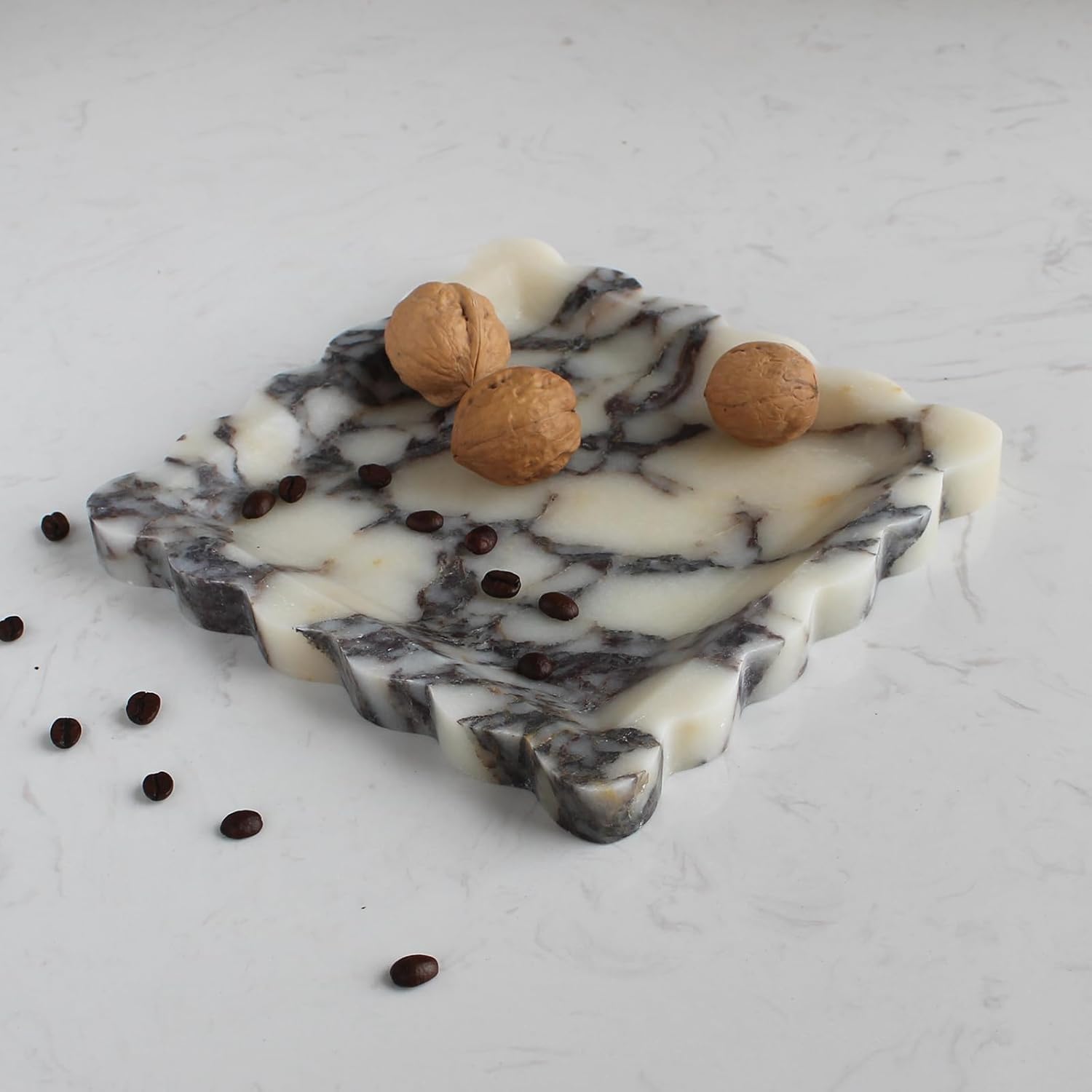 Natural Luxury Marble Tray with Scalloped Edge, Handmade Square Decorative Tray, Catch All Tray for Counter, Dresser, Nightstand and Home Décor (Calacatta Viola)