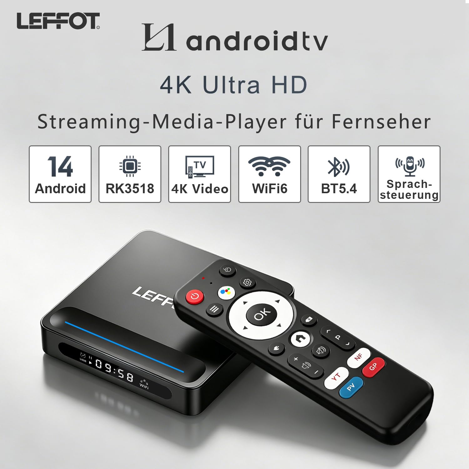Android 14.0 TV Box 2026, LEFFOT L1 4K TV Streaming Box, 2GB RAM 16GB ROM