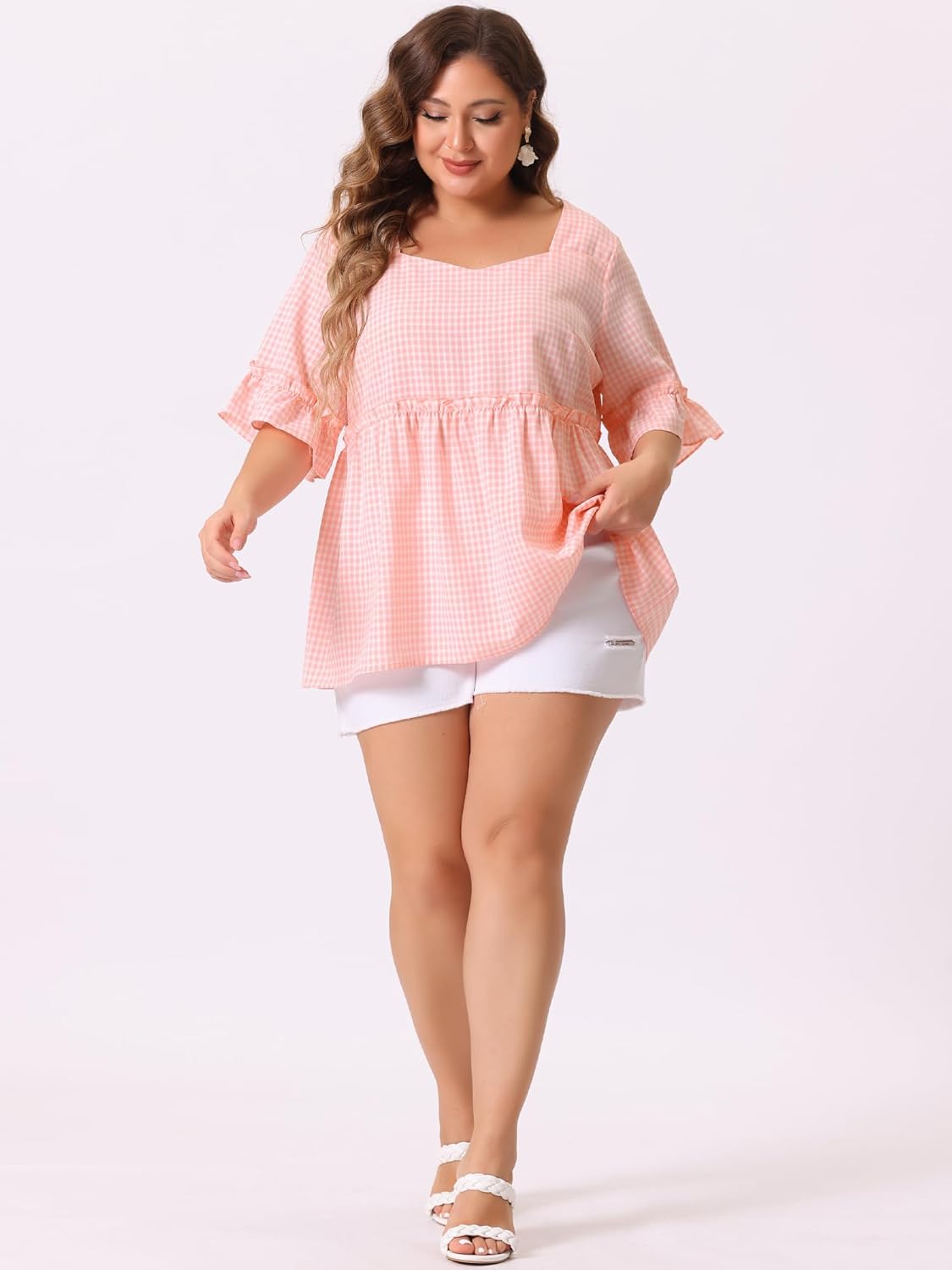 Agnes Orinda Women Plus Size Gingham Tops Sweetheart Neck Ruffle Sleeve Babydolls Blouses Plaid Summer Tops - Image 3