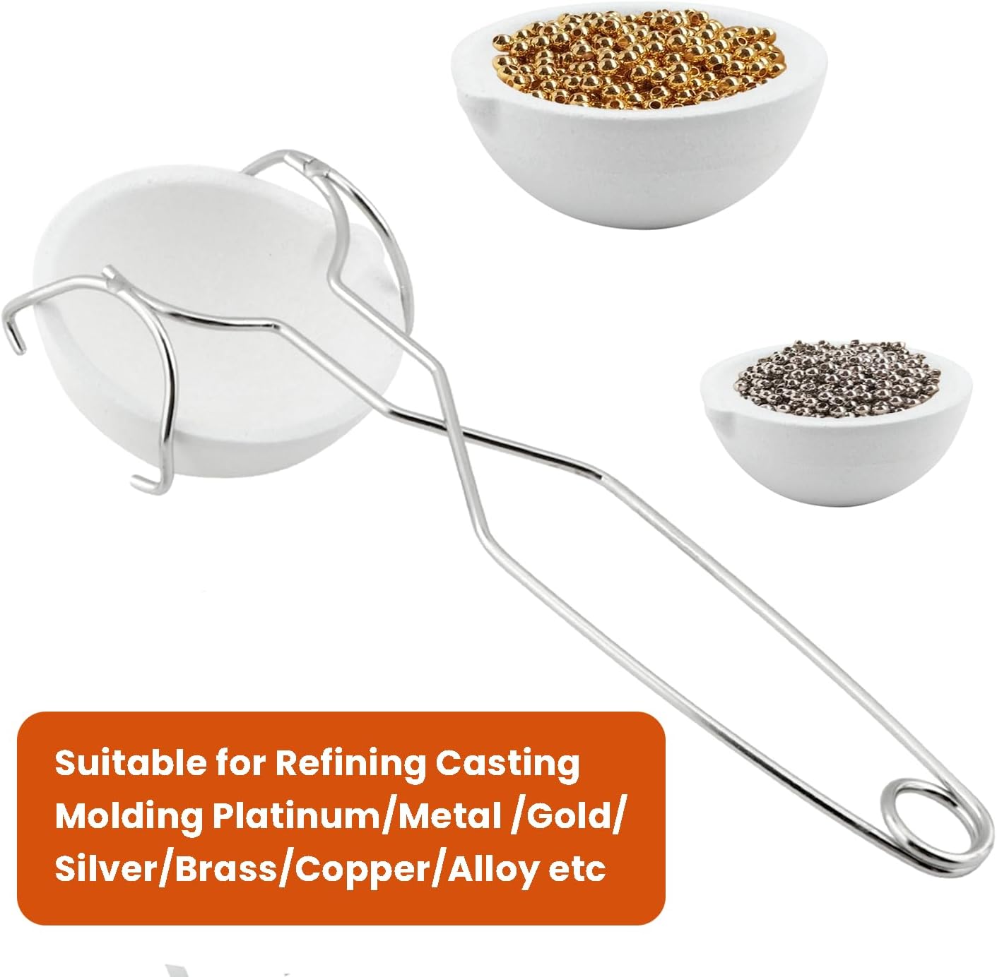 Reicyfang 4 Pcs Crucibles for Melting Metal Kit, 3 Pcs Ceramic Quartz Crucible Dish Cup with Gold Silver Copper Whip Tongs Handle, Ceramic Crucible Bowl Kit for Melting Casting Refining Gold Silver