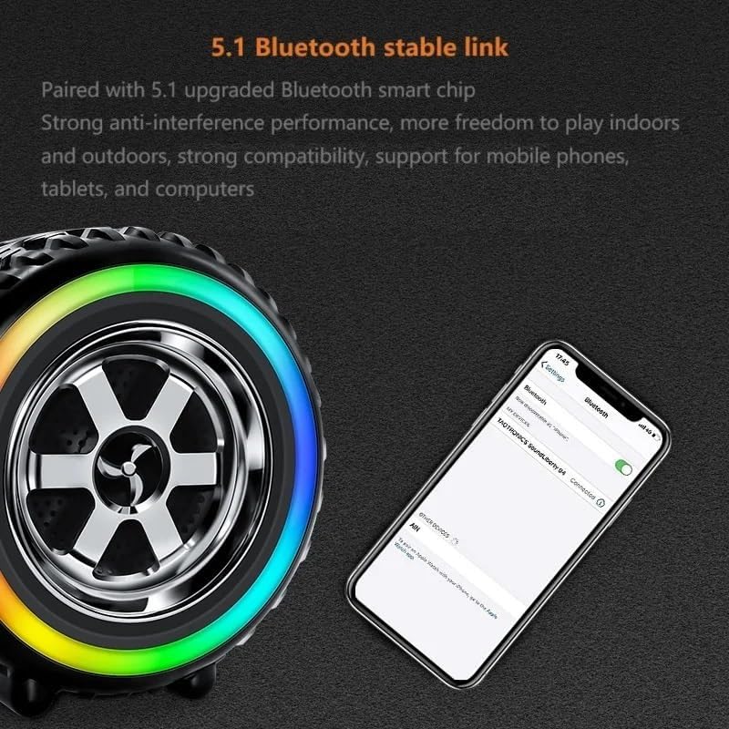 Image of Tyre-Shaped Portable Bluetooth Speaker | Heavy Bass, LED Lights, Wireless Music System with HD Sound & Long Battery Backup