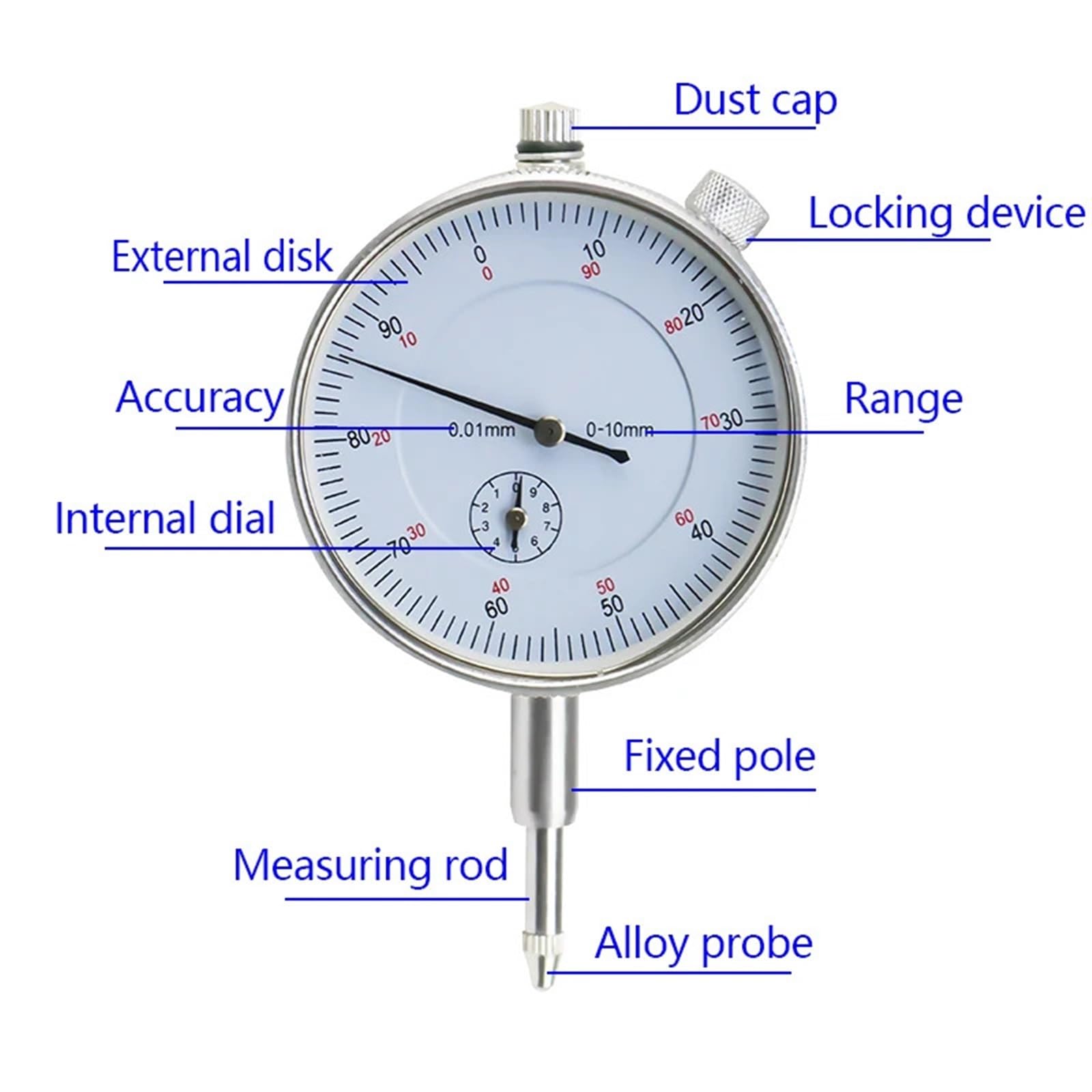 Indicatore comparatore di precisione da 0,01 mm Misuratore da 0-10 mm Indicatore di risoluzione preciso da 0,01 mm Indicatore di misurazione Strumento Strumento Comparatore